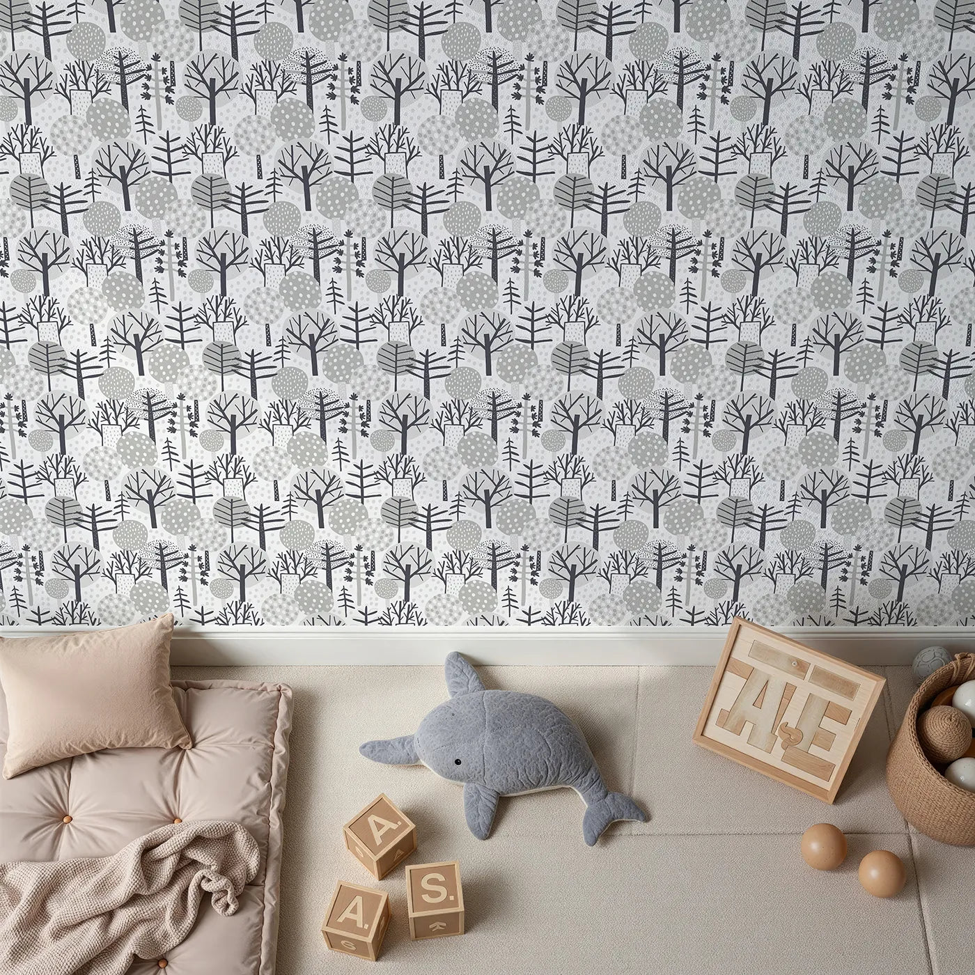 Top-Down view of Whimsy Tots' Monochrome Winter Forest Wallpaper (W2071).Where stylized trees create a calm and graphic winter scene.