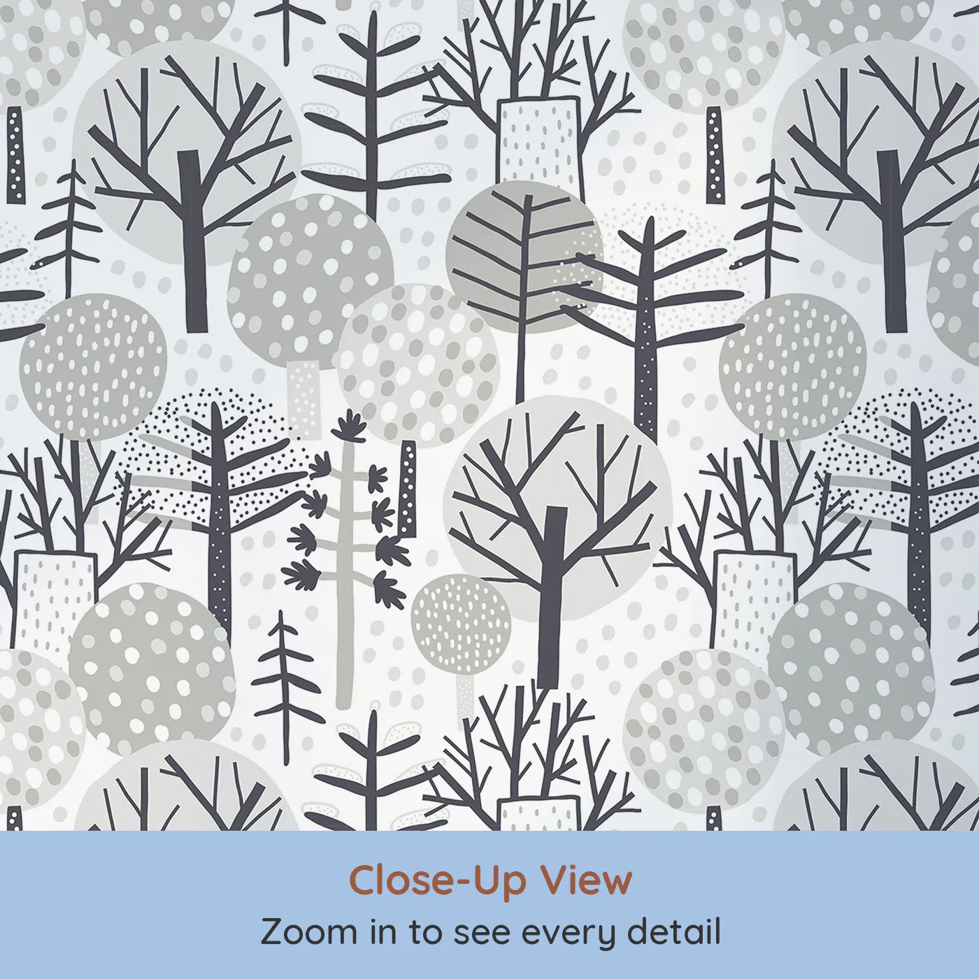 Close-up view of Whimsy Tots' Monochrome Winter Forest Wallpaper (W2071).Where stylized trees create a calm and graphic winter scene.