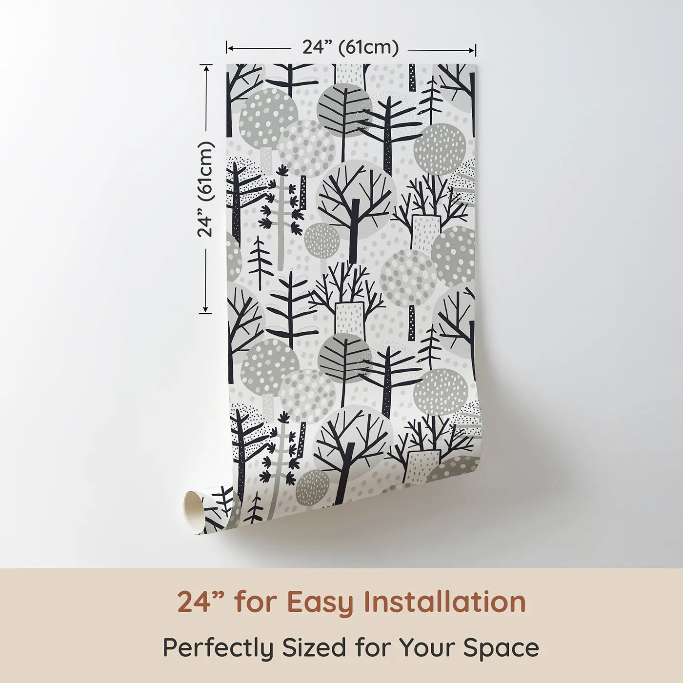 Dimension view of Whimsy Tots Monochrome Winter Forest Wallpaper (W2071). Printed in 24-inch-wide panel for easy installation. Where stylized trees create a calm and graphic winter scene.