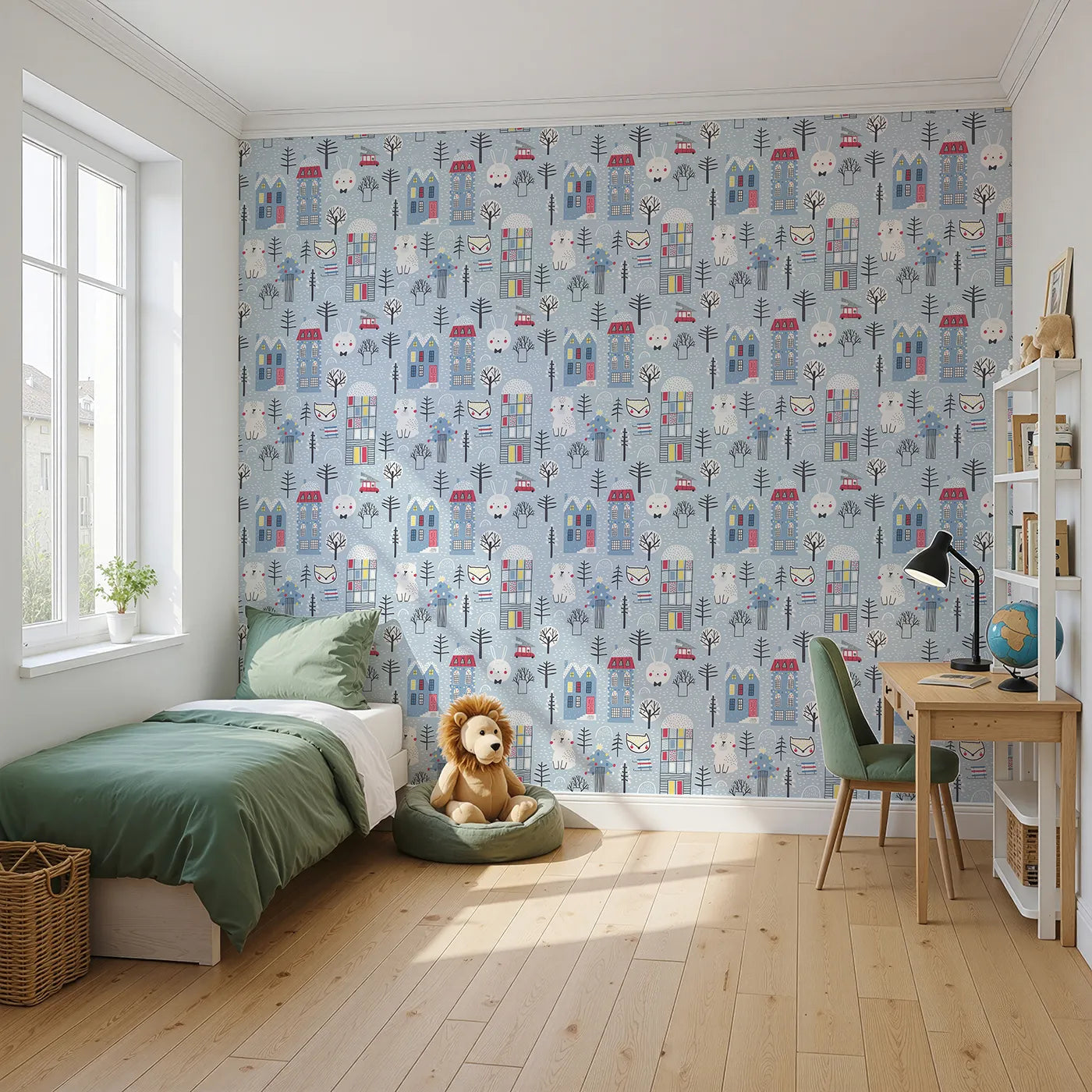 Angled view of Whimsy Tots' Cozy Winter Village Wallpaper (W2072).Where friendly animals and cozy houses celebrate a winter wonderland.