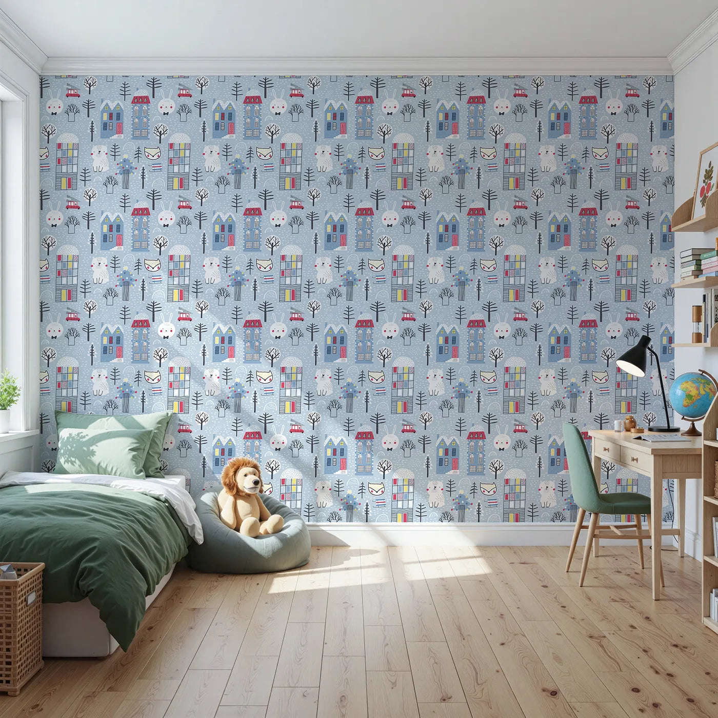 Front view of Whimsy Tots' Cozy Winter Village Wallpaper