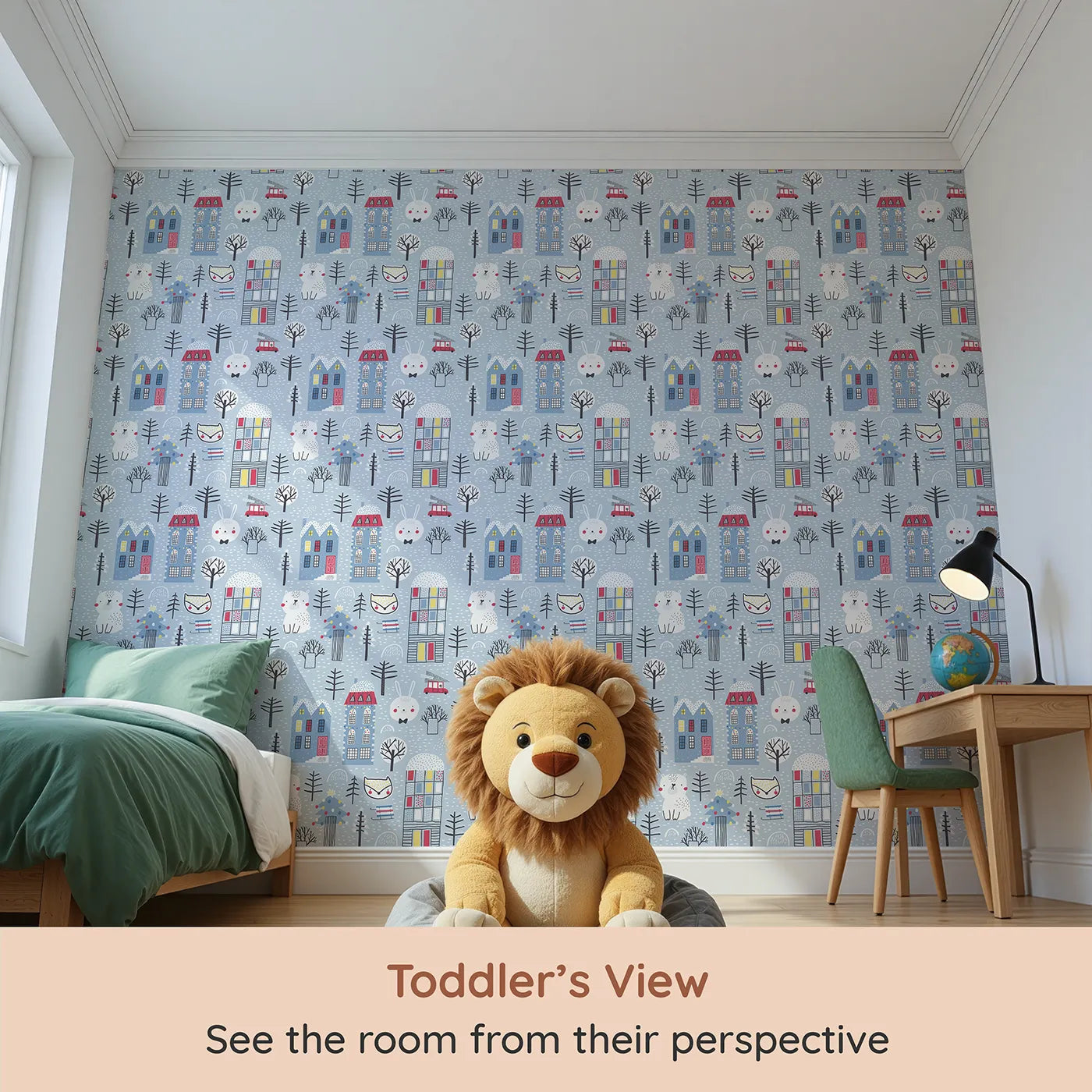 Whimsy Tots Cozy Winter Village Wallpaper (W2072) from your child's view.Where friendly animals and cozy houses celebrate a winter wonderland.