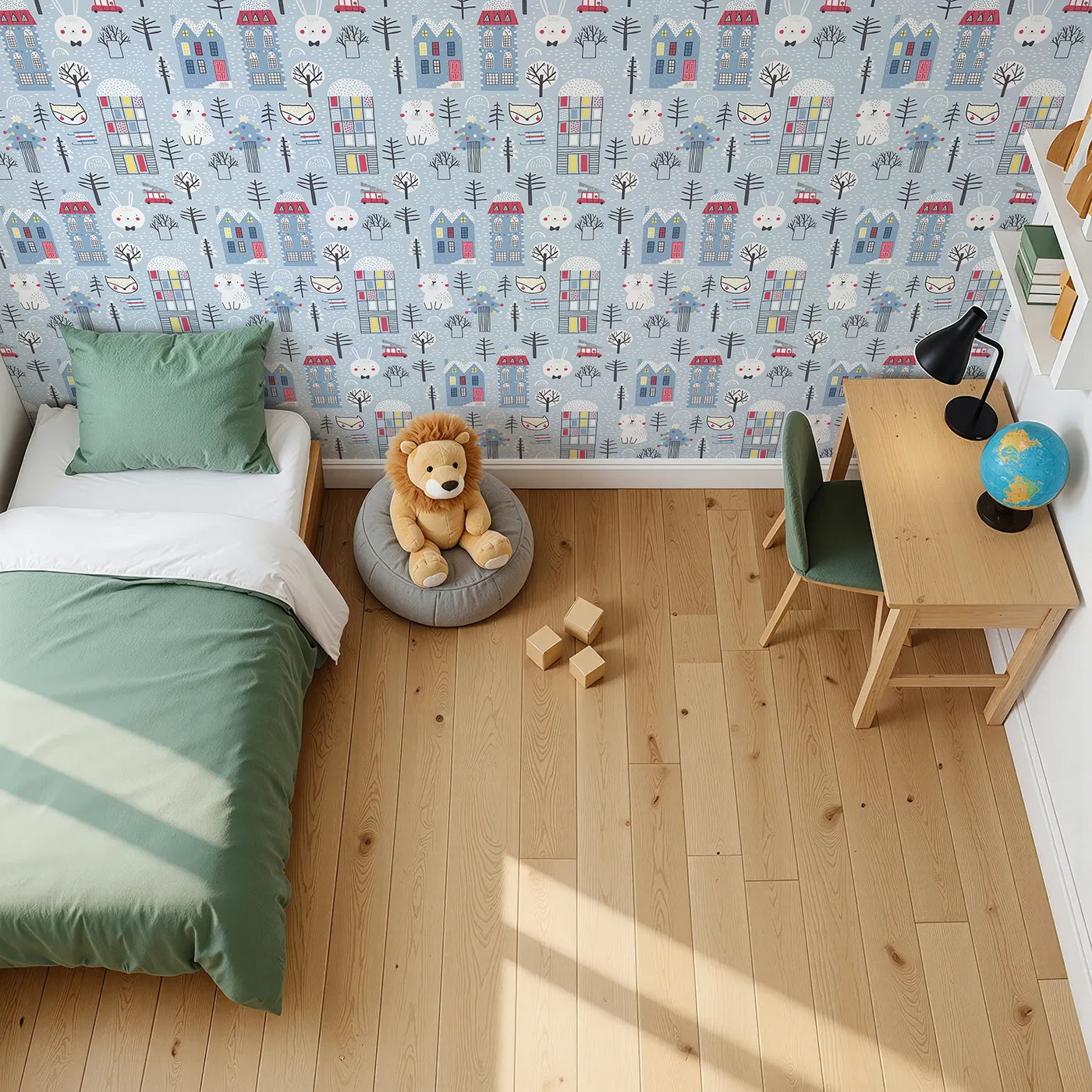 Top-Down view of Whimsy Tots' Cozy Winter Village Wallpaper (W2072).Where friendly animals and cozy houses celebrate a winter wonderland.