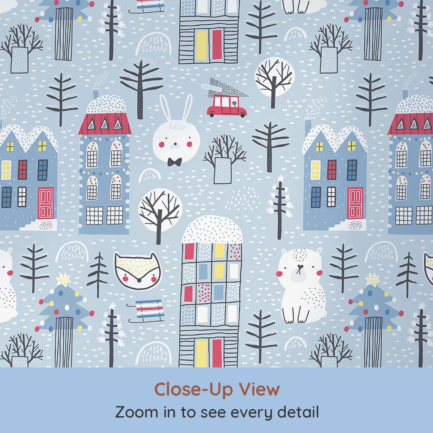 Close-up view of Whimsy Tots' Cozy Winter Village Wallpaper (W2072).Where friendly animals and cozy houses celebrate a winter wonderland.