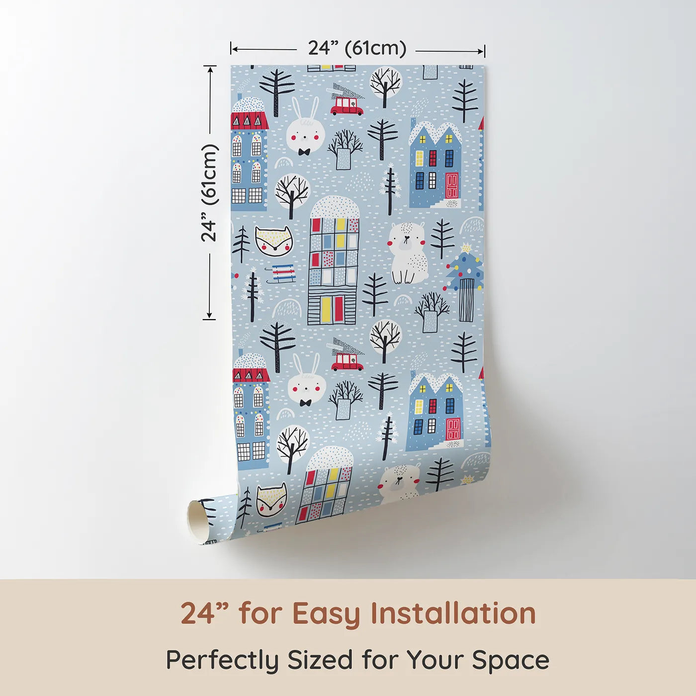 Dimension view of Whimsy Tots Cozy Winter Village Wallpaper (W2072). Printed in 24-inch-wide panel for easy installation. Where friendly animals and cozy houses celebrate a winter wonderland.