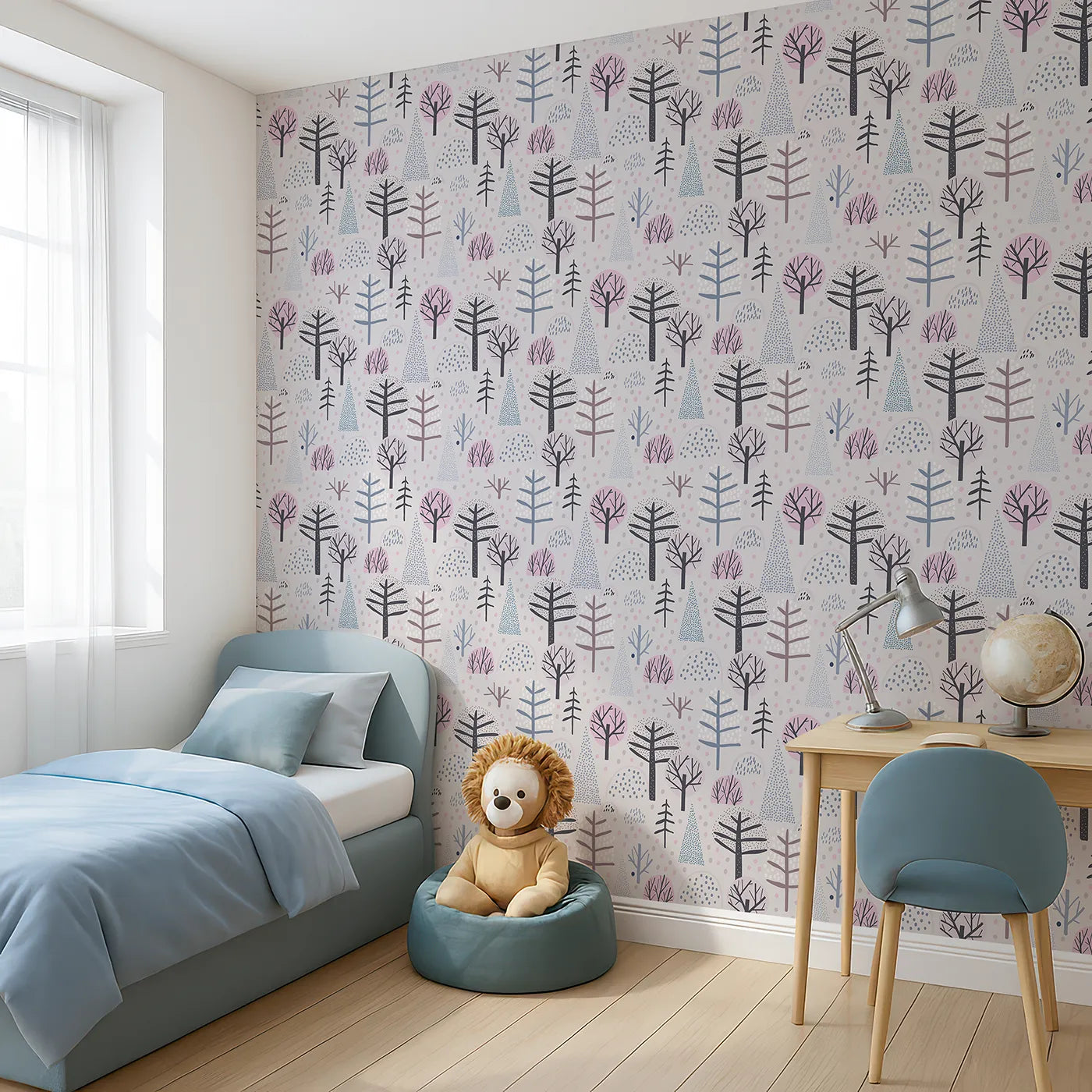 Angled view of Whimsy Tots' Dotted Winter Woods Wallpaper in Pink (W2073).Where dotted trees stand peacefully in a quiet landscape.