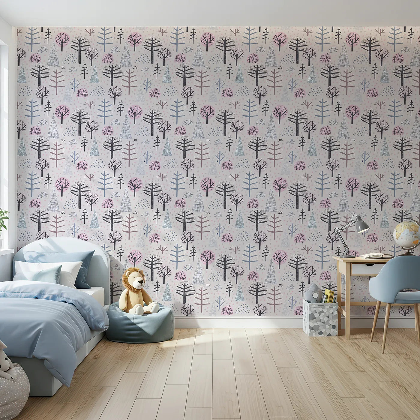Front view of Whimsy Tots' Dotted Winter Woods Wallpaper in Pink