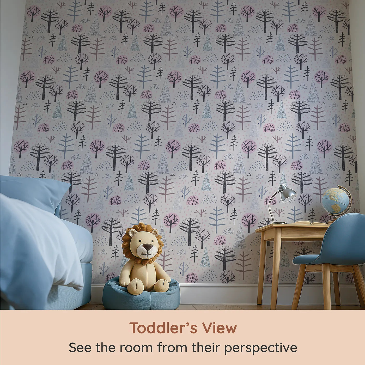 Whimsy Tots Dotted Winter Woods Wallpaper in Pink (W2073) from your child's view.Where dotted trees stand peacefully in a quiet landscape.