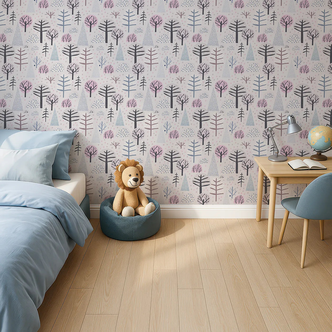 Top-Down view of Whimsy Tots' Dotted Winter Woods Wallpaper in Pink (W2073).Where dotted trees stand peacefully in a quiet landscape.