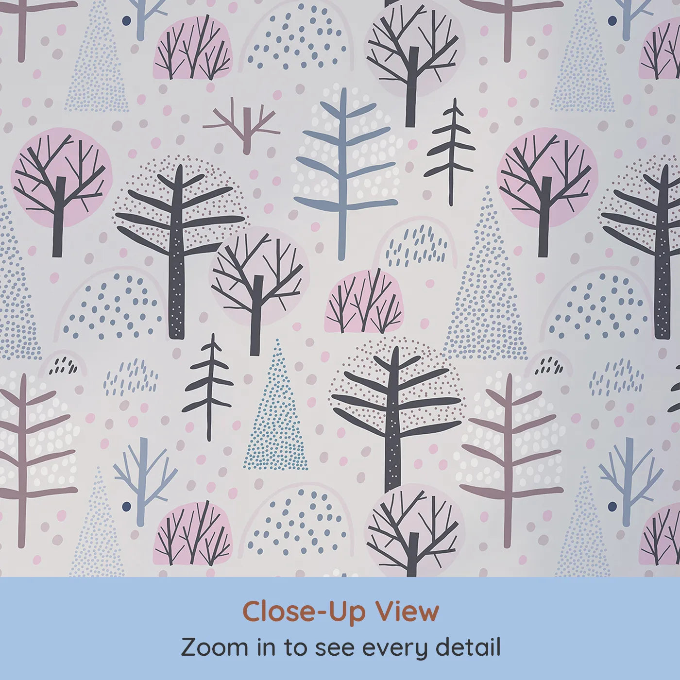 Close-up view of Whimsy Tots' Dotted Winter Woods Wallpaper in Pink (W2073).Where dotted trees stand peacefully in a quiet landscape.