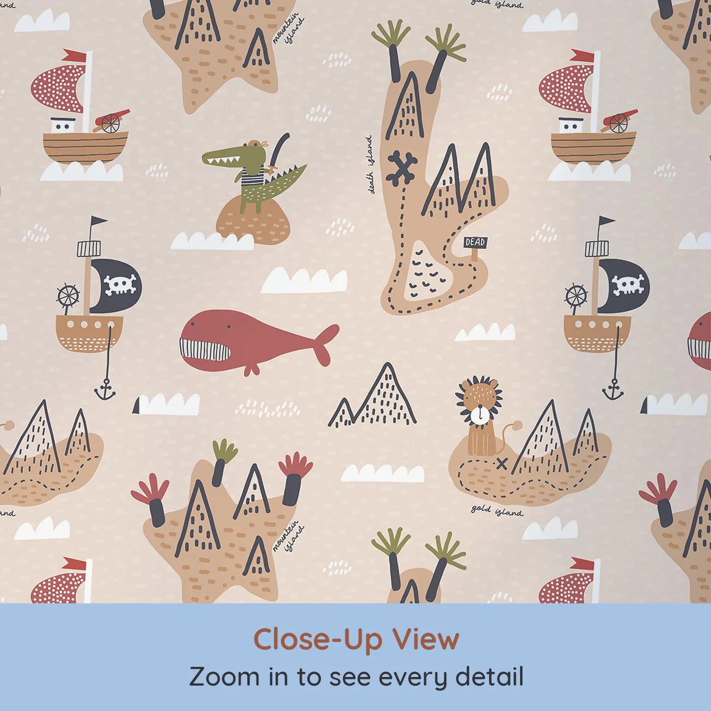 Close-up view of Whimsy Tots' Pirate Adventure Map Wallpaper (W2077).Where pirate ships sail and X marks the spot.