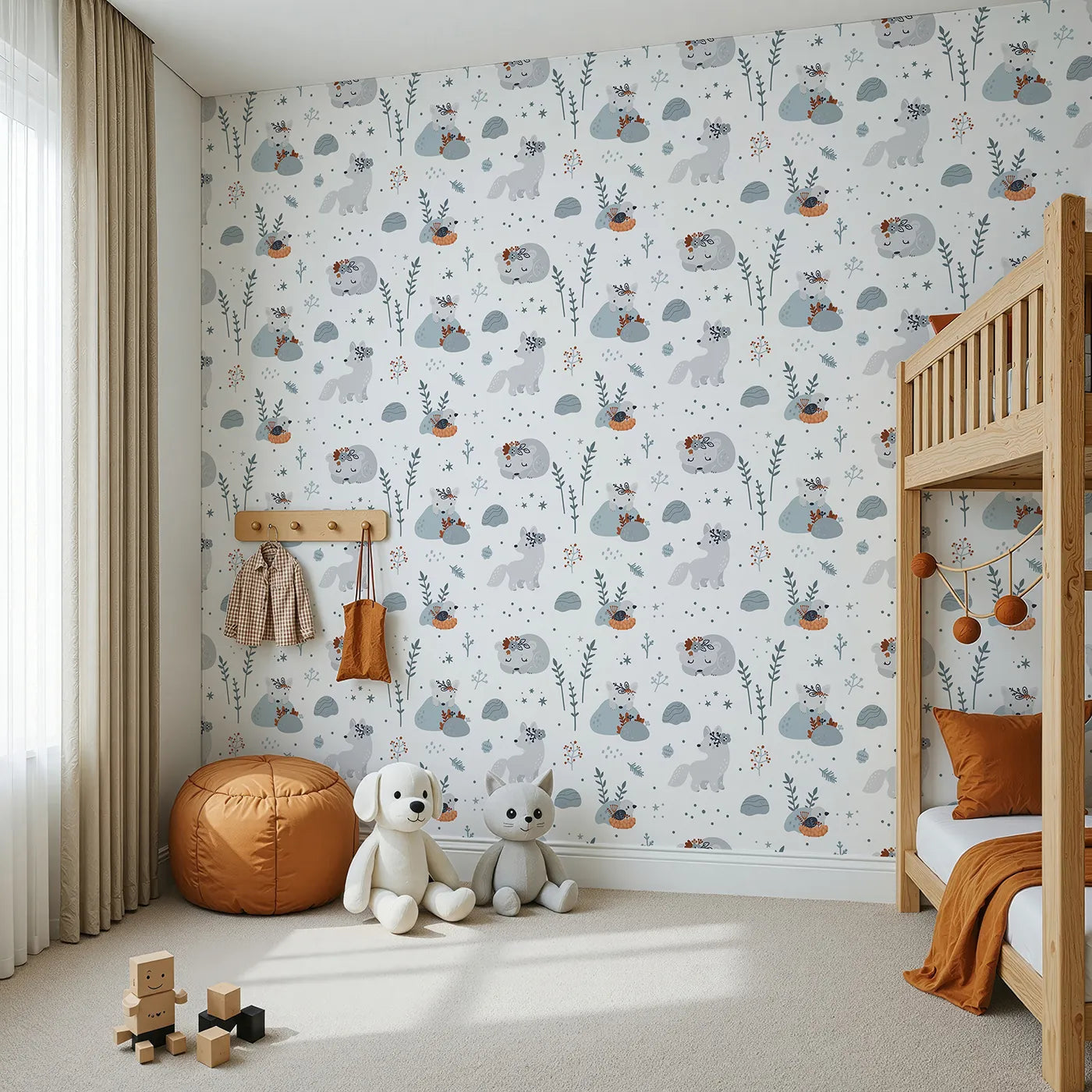 Angled view of Whimsy Tots' Arctic Fox Winter Meadow Wallpaper (W2078).Where gentle arctic foxes play and rest in a quiet winter landscape.