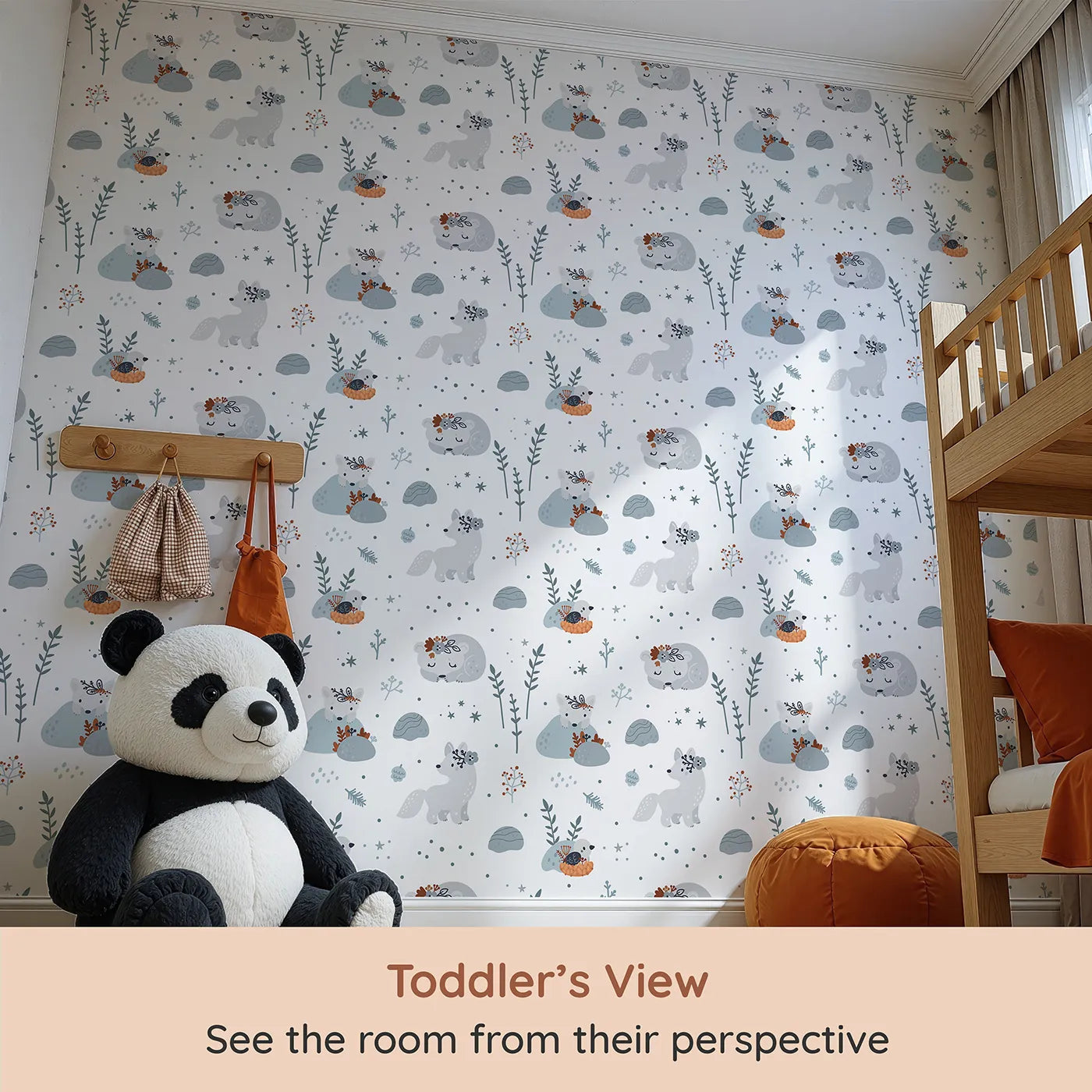 Whimsy Tots Arctic Fox Winter Meadow Wallpaper (W2078) from your child's view.Where gentle arctic foxes play and rest in a quiet winter landscape.
