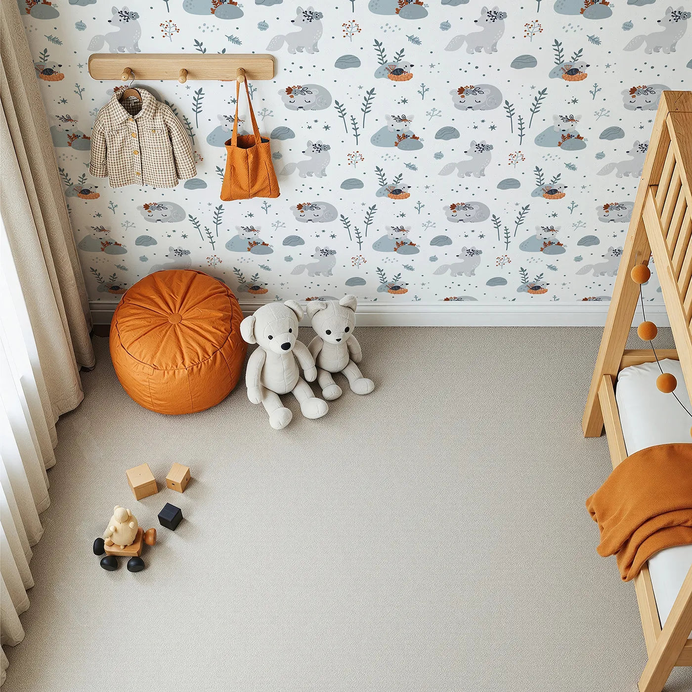 Top-Down view of Whimsy Tots' Arctic Fox Winter Meadow Wallpaper (W2078).Where gentle arctic foxes play and rest in a quiet winter landscape.