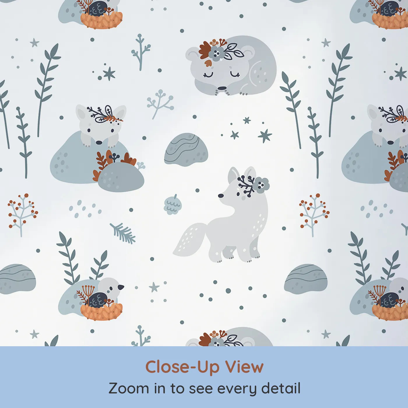 Close-up view of Whimsy Tots' Arctic Fox Winter Meadow Wallpaper (W2078).Where gentle arctic foxes play and rest in a quiet winter landscape.