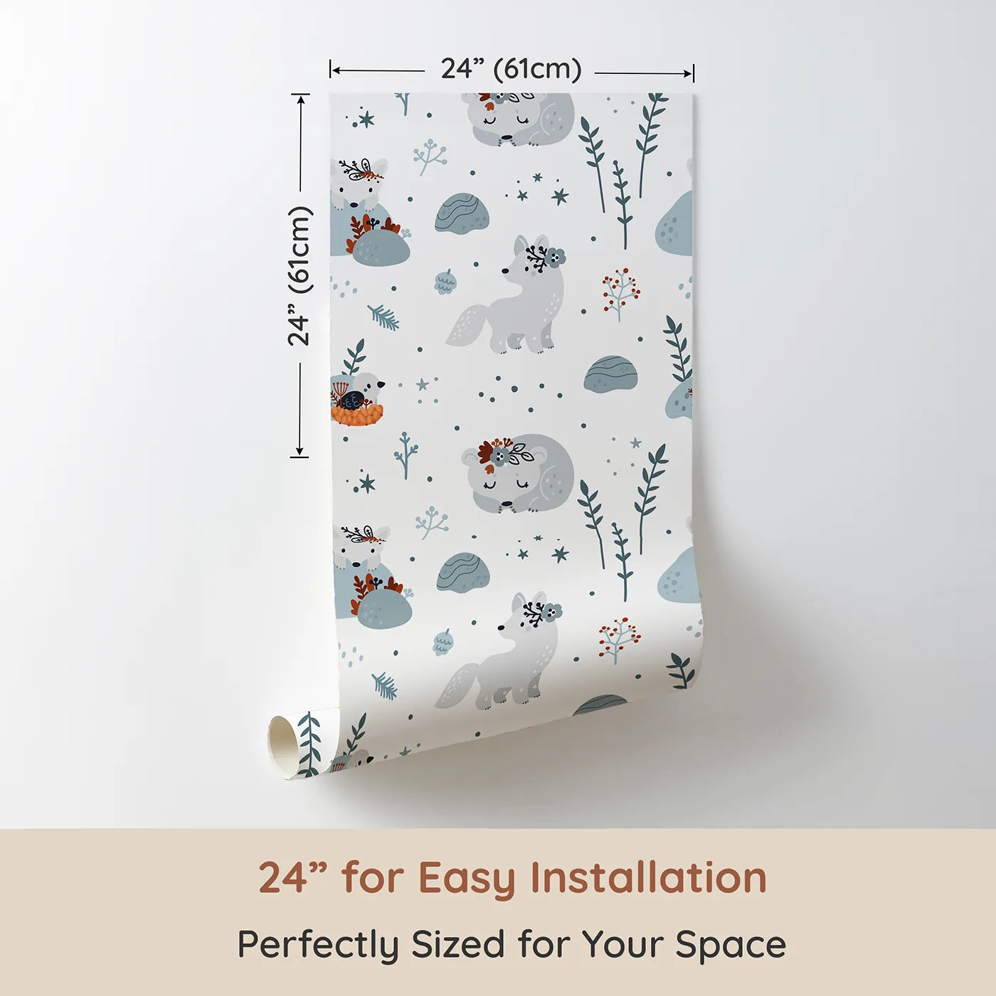 Dimension view of Whimsy Tots Arctic Fox Winter Meadow Wallpaper (W2078). Printed in 24-inch-wide panel for easy installation. Where gentle arctic foxes play and rest in a quiet winter landscape.