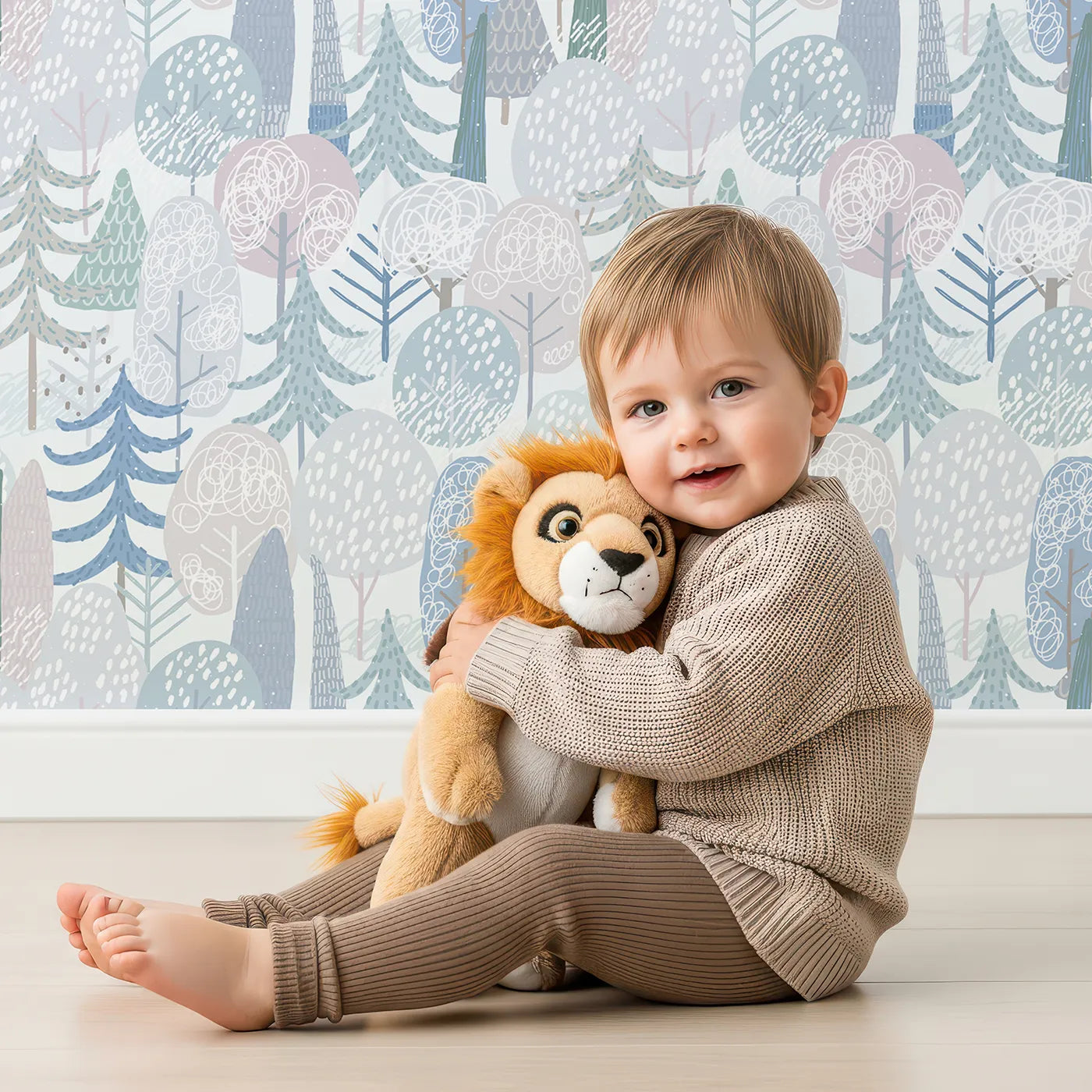 Lovely child standing in front of Whimsy Tots Pastel Winter Woods Wallpaper with forest, tree, winter, pastel, abstract in design.