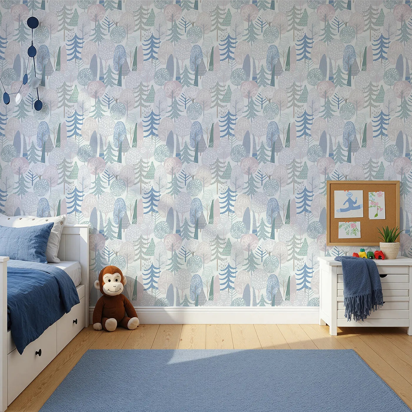 Front view of Whimsy Tots' Pastel Winter Woods Wallpaper