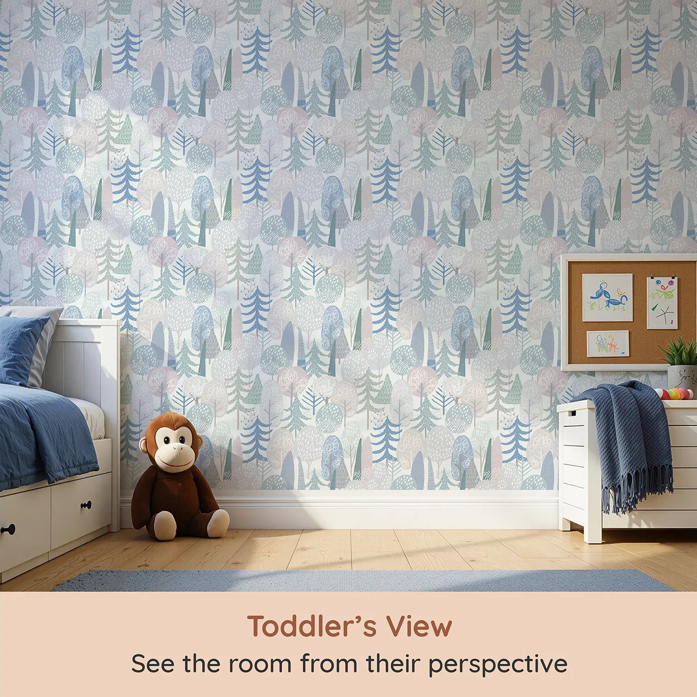 Whimsy Tots Pastel Winter Woods Wallpaper (W2079) from your child's view.Where stylized trees are dusted in soft, wintery pastels.