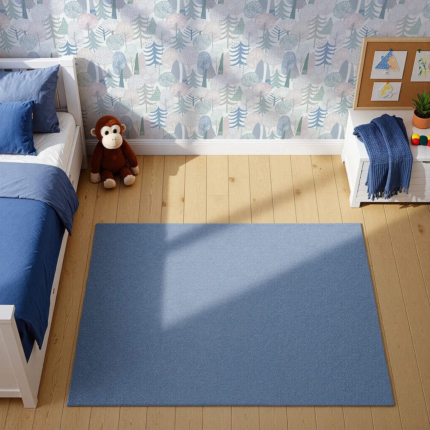 Top-Down view of Whimsy Tots' Pastel Winter Woods Wallpaper (W2079).Where stylized trees are dusted in soft, wintery pastels.