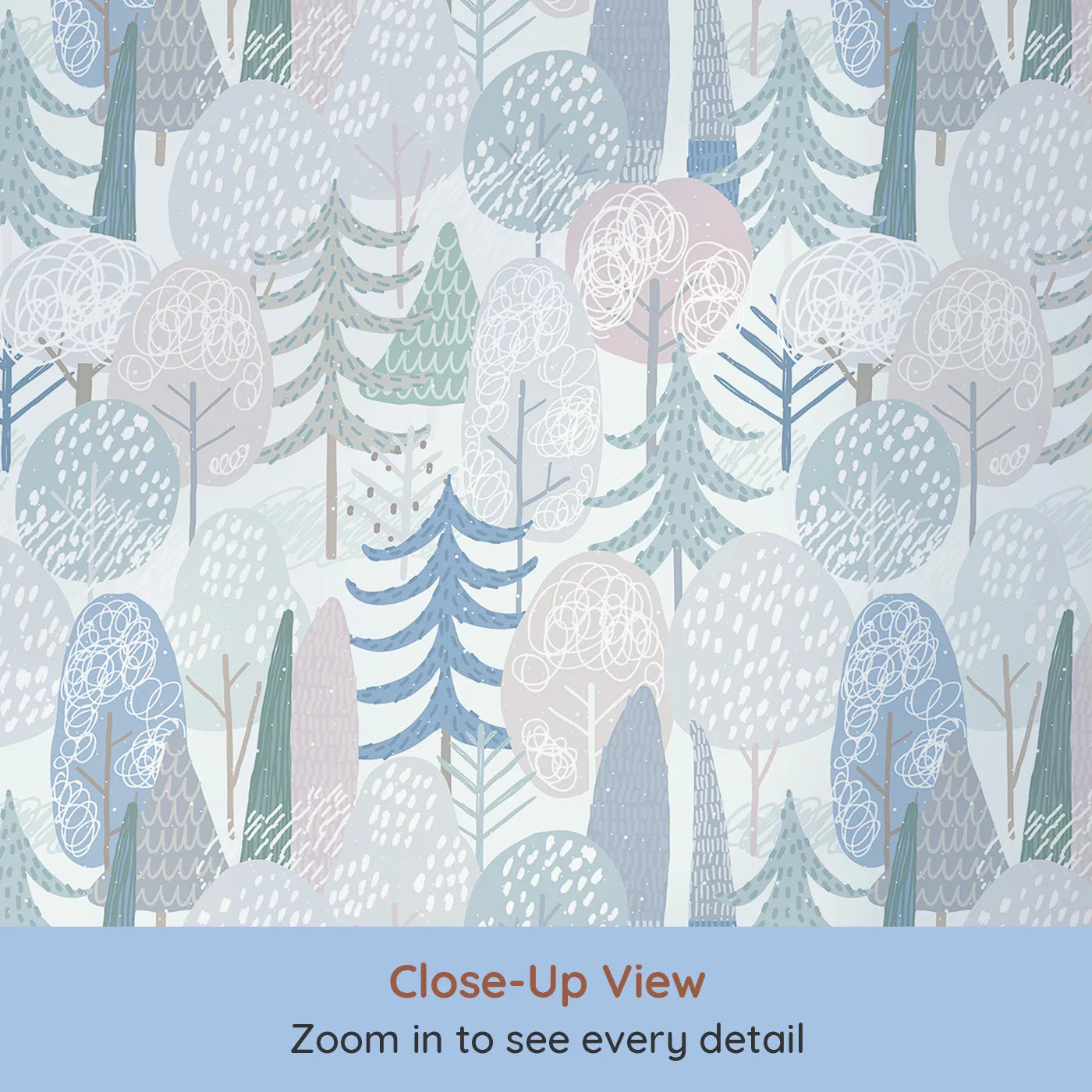 Close-up view of Whimsy Tots' Pastel Winter Woods Wallpaper (W2079).Where stylized trees are dusted in soft, wintery pastels.