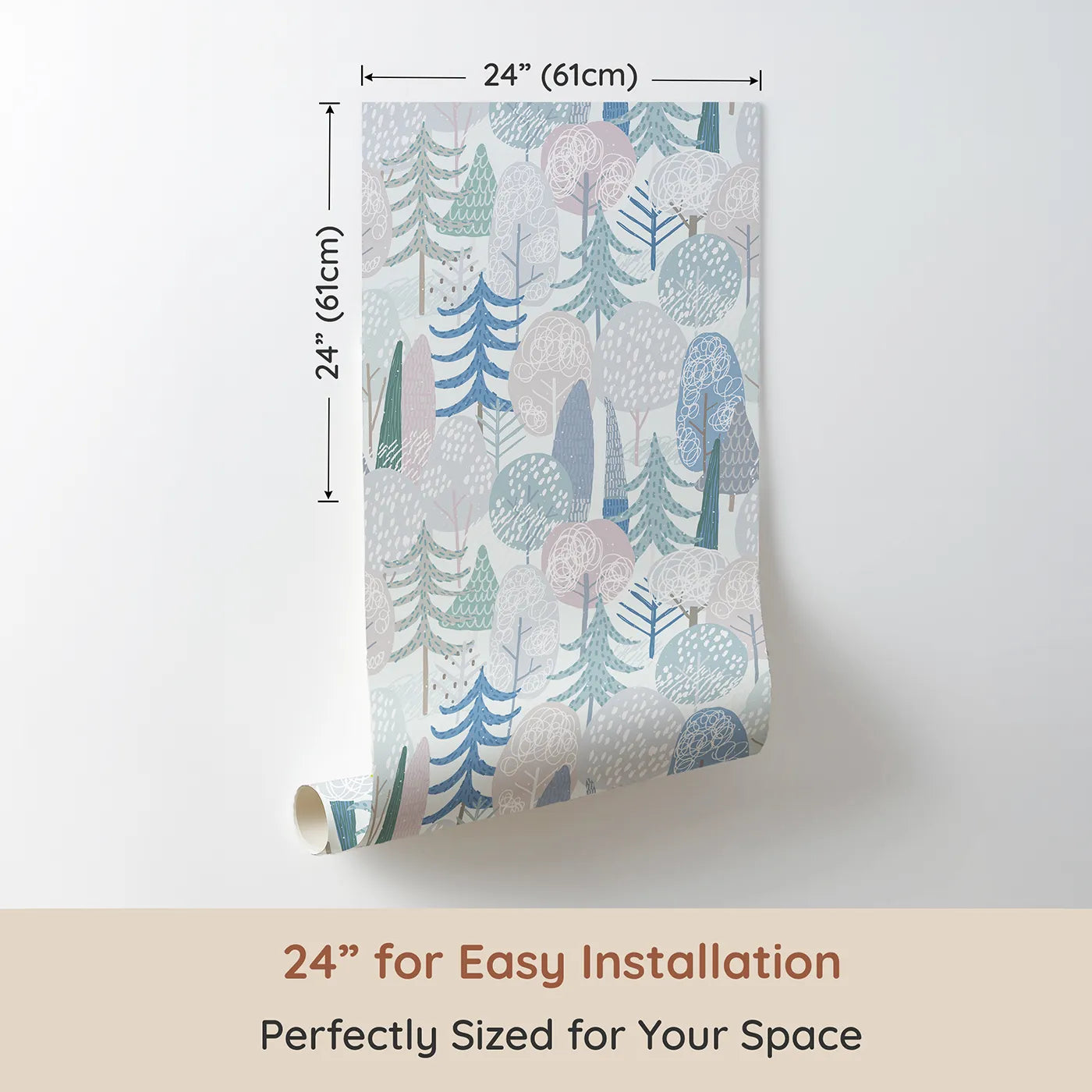 Dimension view of Whimsy Tots Pastel Winter Woods Wallpaper (W2079). Printed in 24-inch-wide panel for easy installation. Where stylized trees are dusted in soft, wintery pastels.