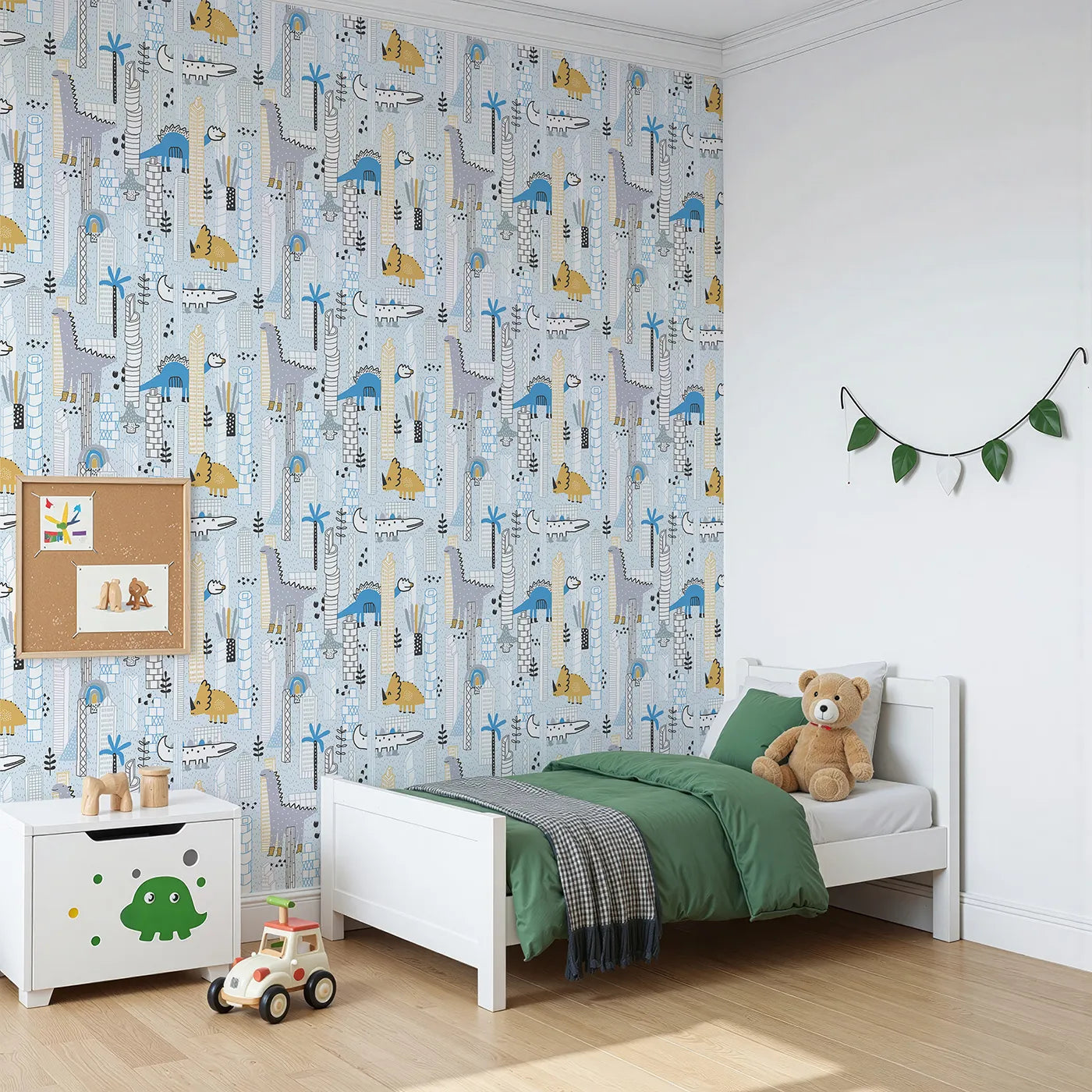 Angled view of Whimsy Tots' Dino City Adventure Wallpaper (W2080).Where friendly dinosaurs roam among cool, modern skyscrapers.