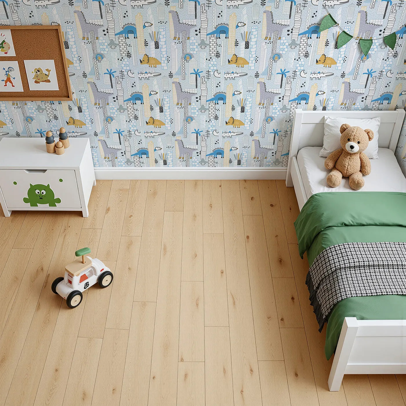 Top-Down view of Whimsy Tots' Dino City Adventure Wallpaper (W2080).Where friendly dinosaurs roam among cool, modern skyscrapers.