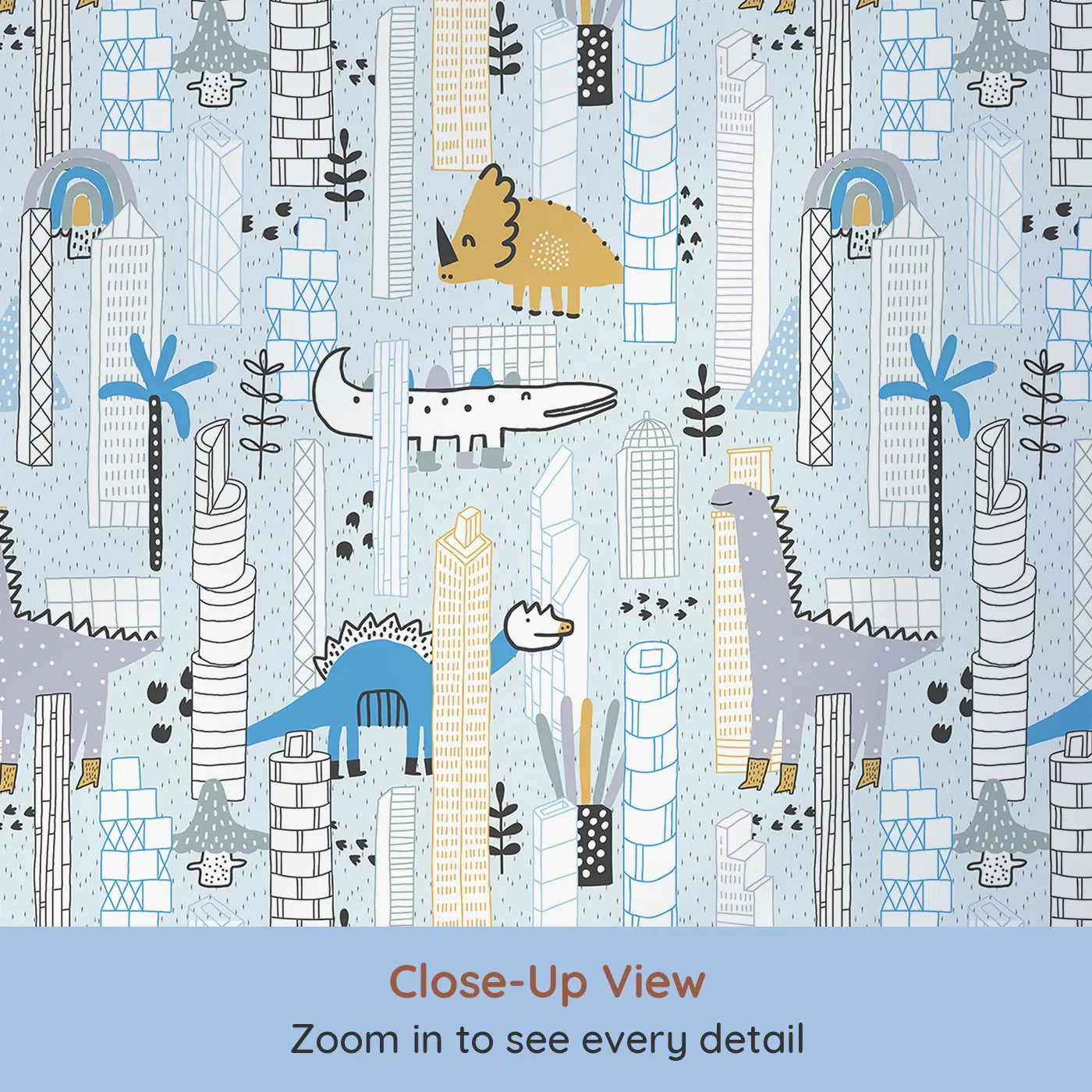 Close-up view of Whimsy Tots' Dino City Adventure Wallpaper (W2080).Where friendly dinosaurs roam among cool, modern skyscrapers.