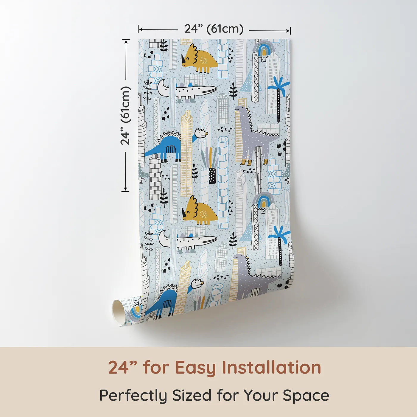 Dimension view of Whimsy Tots Dino City Adventure Wallpaper (W2080). Printed in 24-inch-wide panel for easy installation. Where friendly dinosaurs roam among cool, modern skyscrapers.