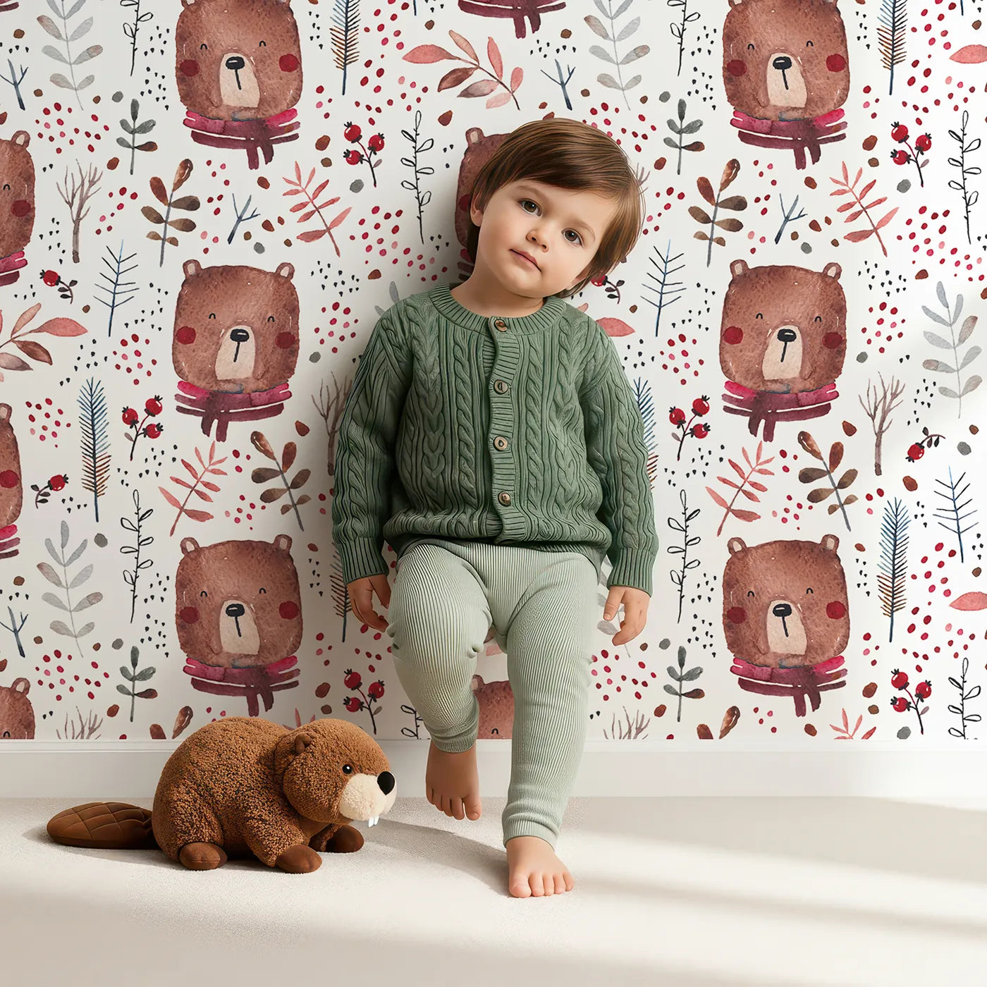 Lovely child standing in front of Whimsy Tots Watercolor Autumn Bear Wallpaper with bear, autumn, winter, watercolor, leaf in design.