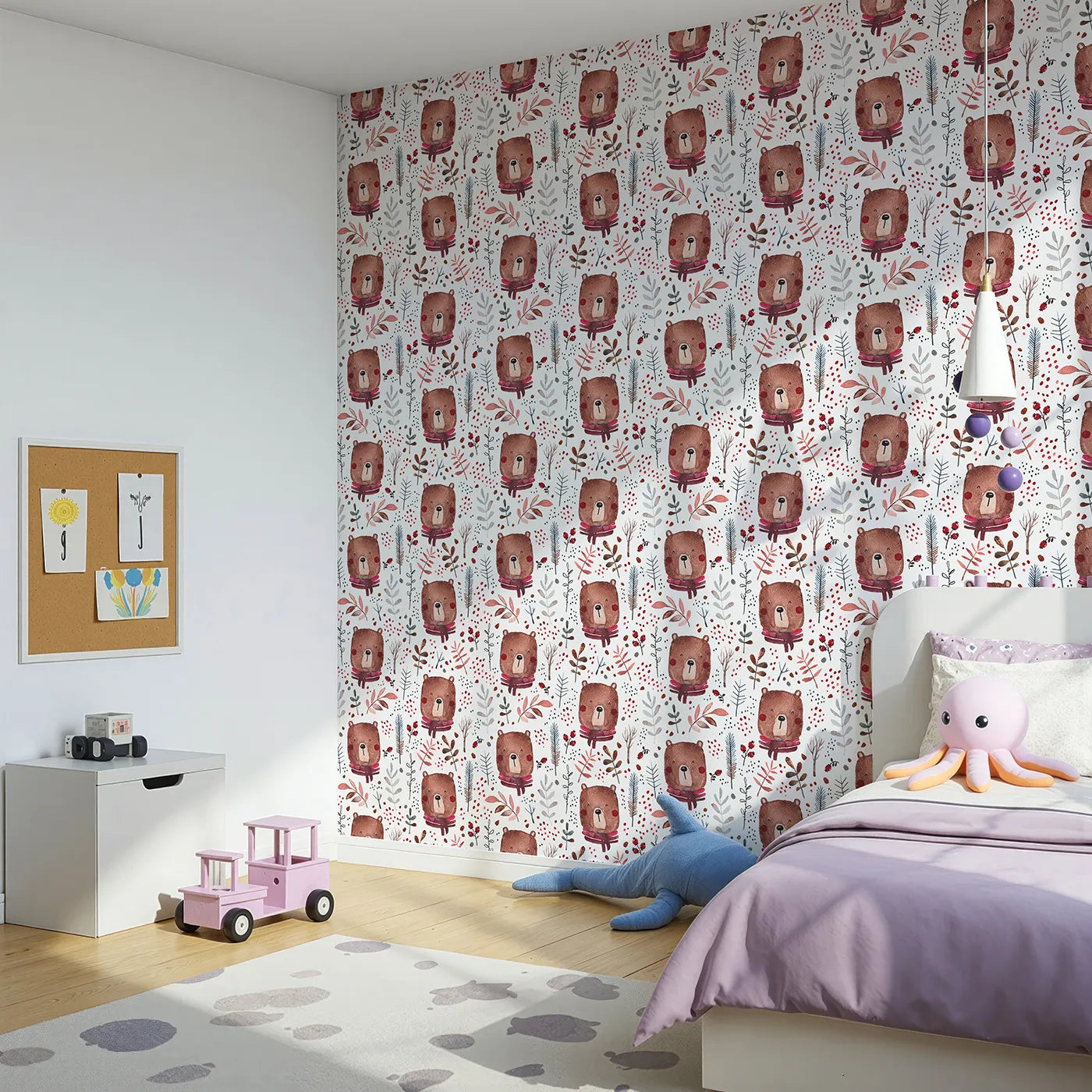 Angled view of Whimsy Tots' Watercolor Autumn Bear Wallpaper (W2081).Where a friendly bear in a warm scarf smiles among autumn leaves.