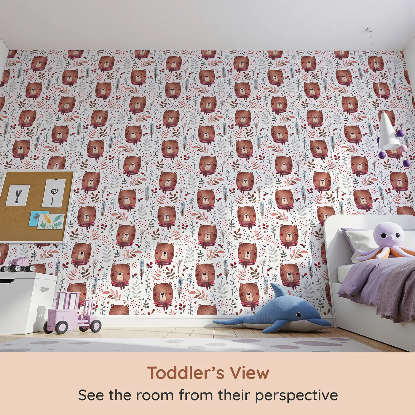 Whimsy Tots Watercolor Autumn Bear Wallpaper (W2081) from your child's view.Where a friendly bear in a warm scarf smiles among autumn leaves.