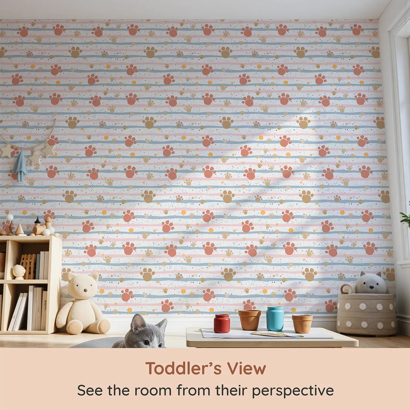 Whimsy Tots Pastel Paws and Stripes Wallpaper (W2082) from your child's view.Where soft paw prints make their mark on a candy-striped sky.