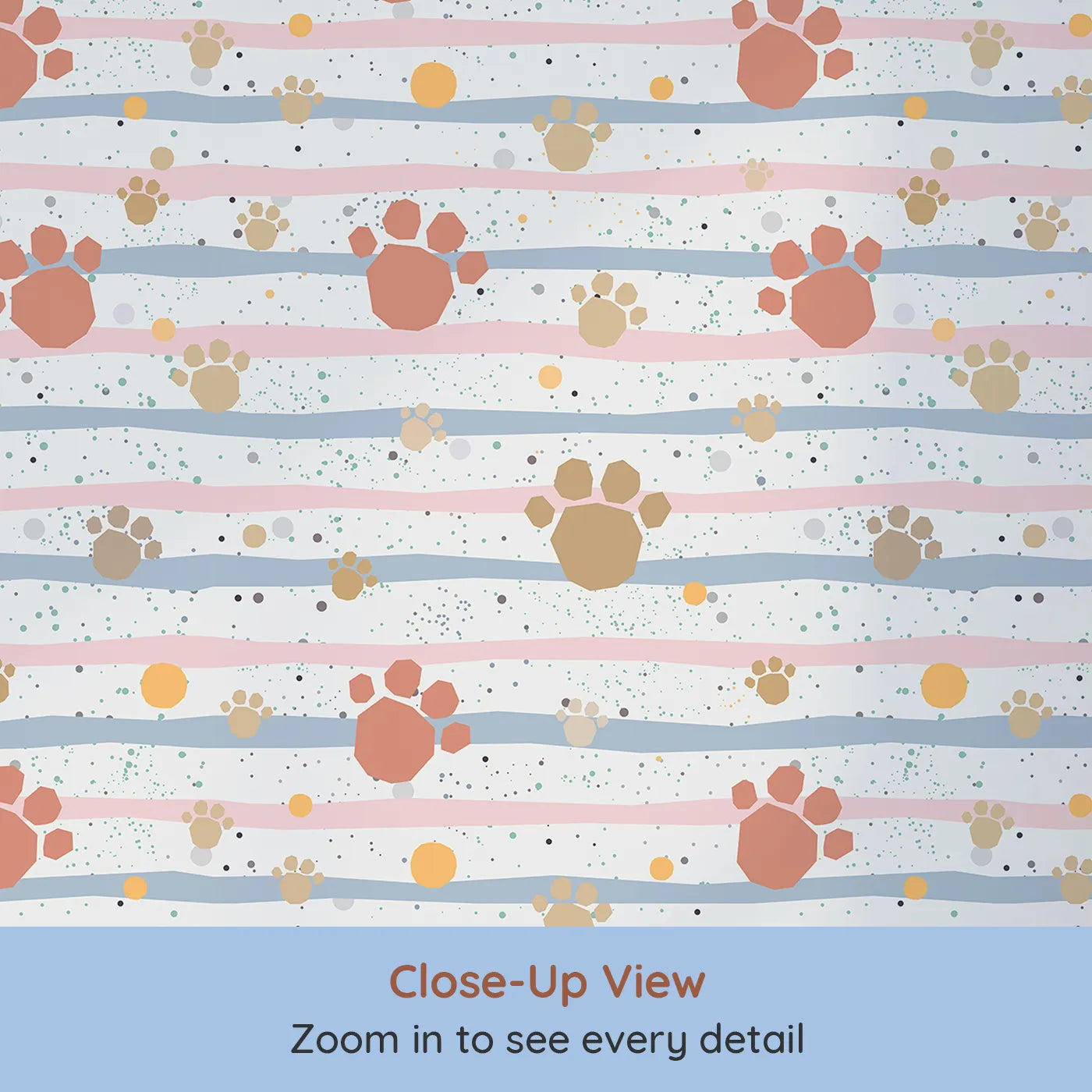 Close-up view of Whimsy Tots' Pastel Paws and Stripes Wallpaper (W2082).Where soft paw prints make their mark on a candy-striped sky.