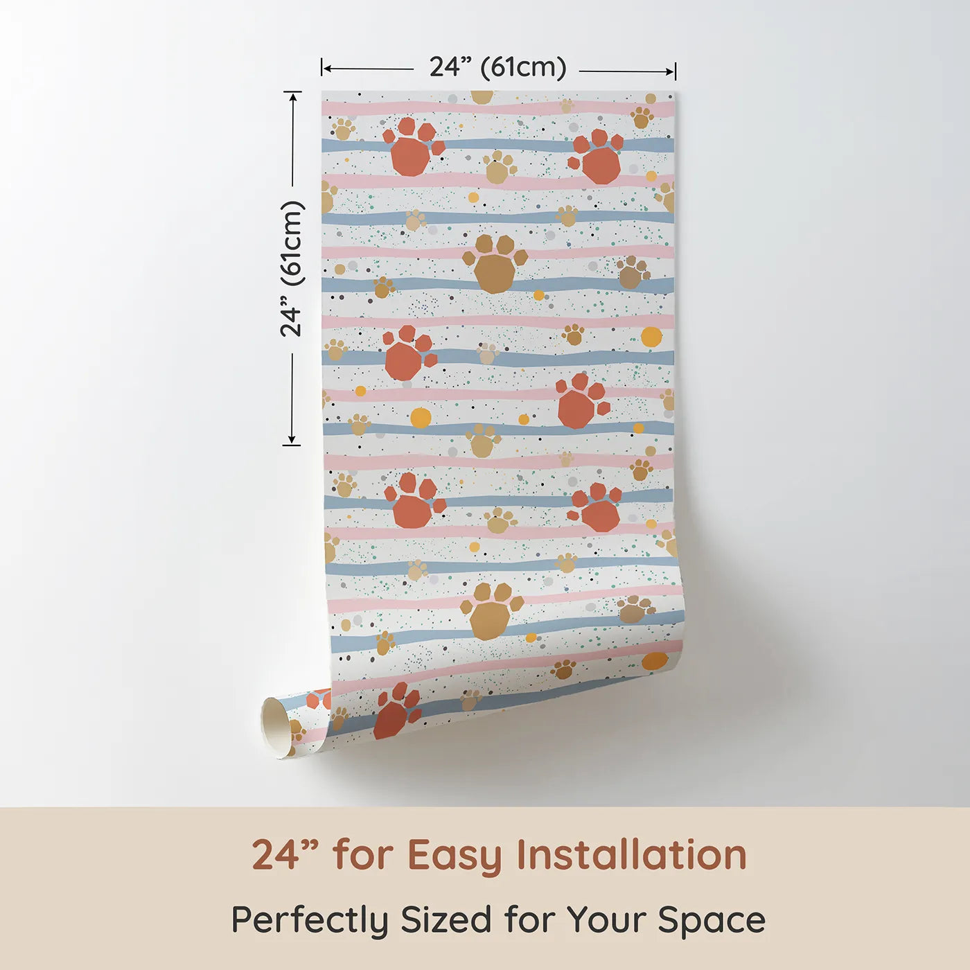 Dimension view of Whimsy Tots Pastel Paws and Stripes Wallpaper (W2082). Printed in 24-inch-wide panel for easy installation. Where soft paw prints make their mark on a candy-striped sky.