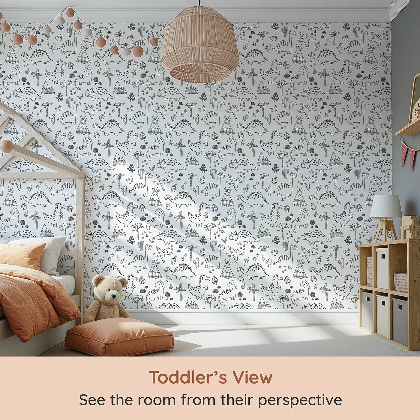 Whimsy Tots Dinosaur Doodle Land Wallpaper (W2085) from your child's view.Where friendly dinosaurs are waiting for their next big adventure.