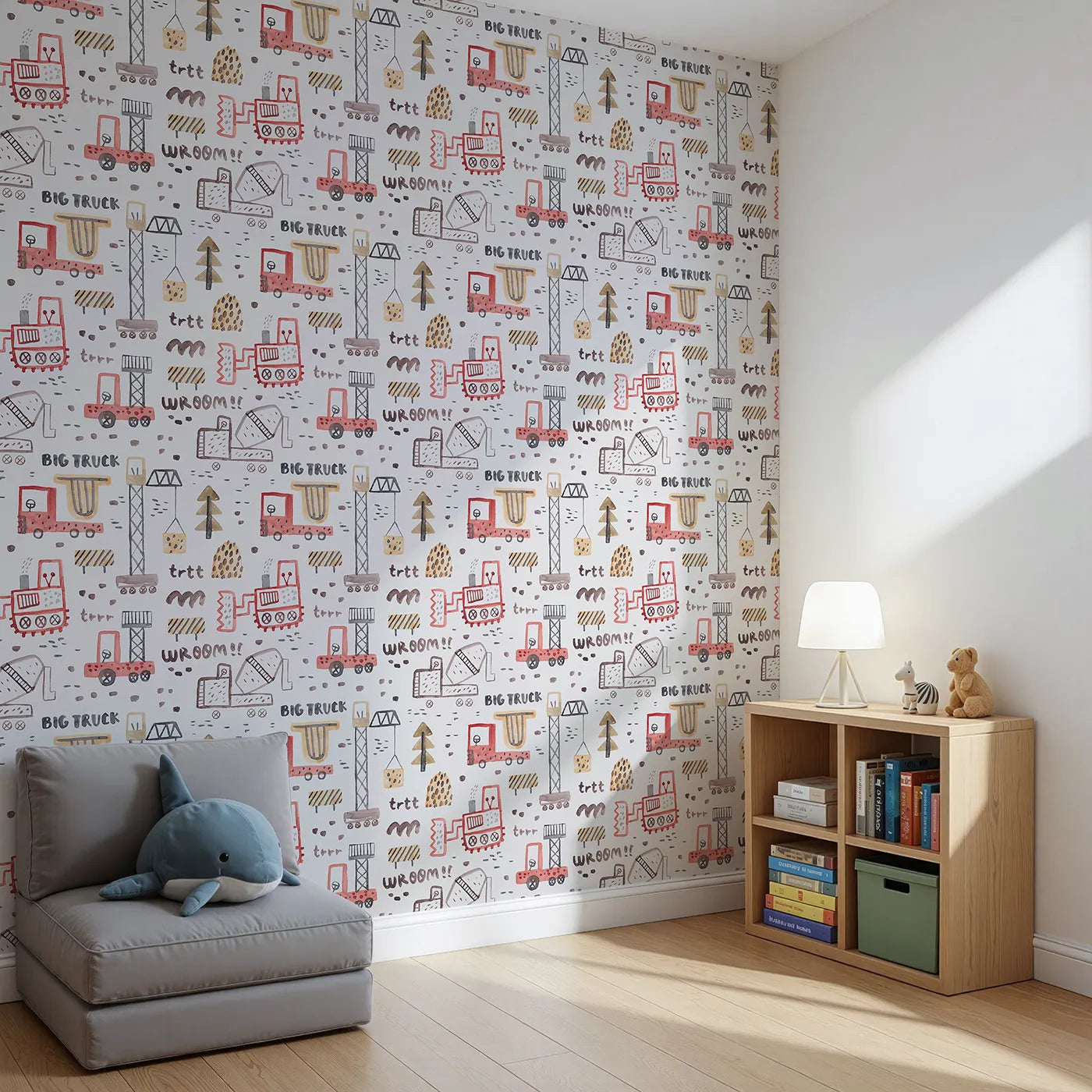 Angled view of Whimsy Tots' Watercolor Big Truck Zone Wallpaper (W2086).Where hand-painted trucks are hard at work building fun.