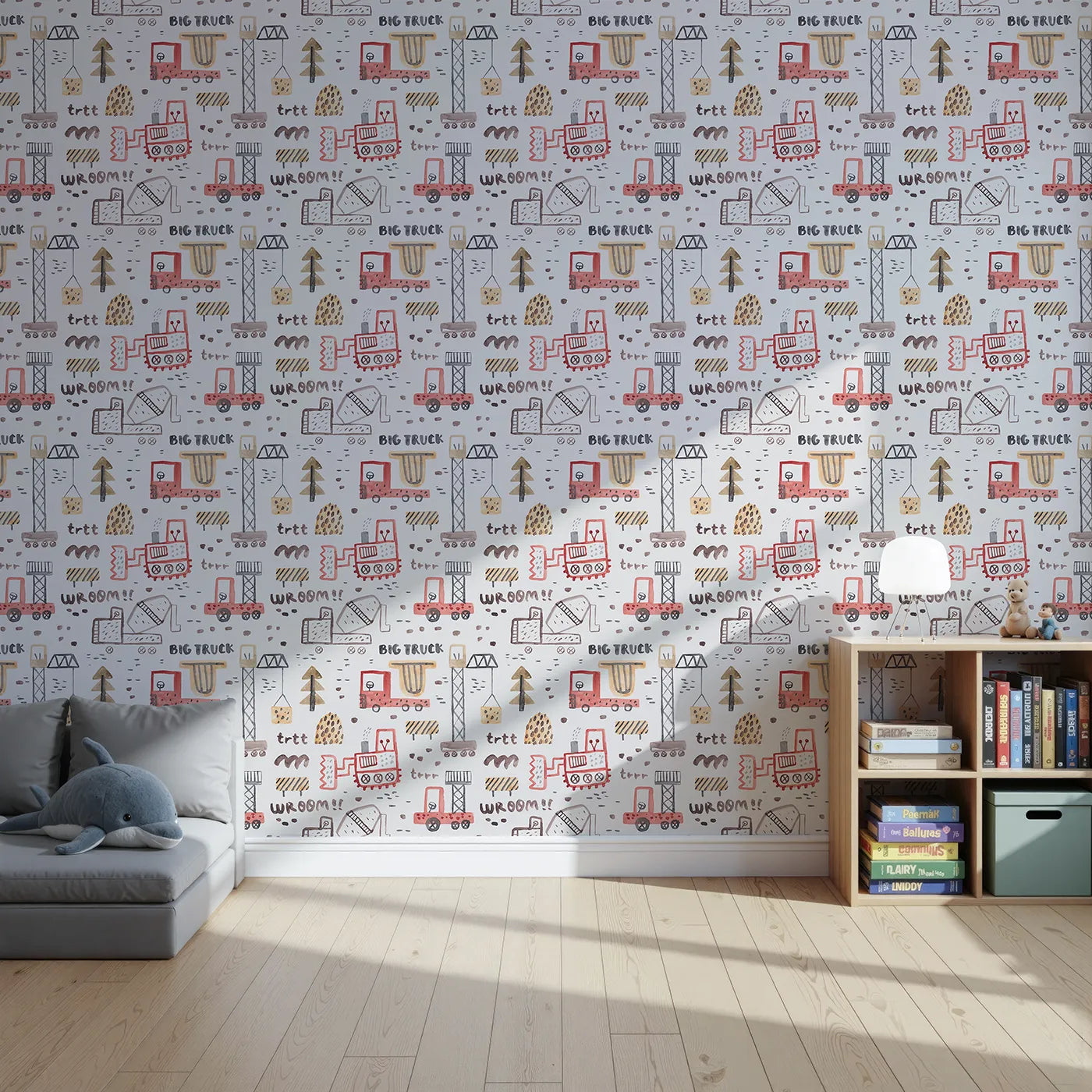 Front view of Whimsy Tots' Watercolor Big Truck Zone Wallpaper