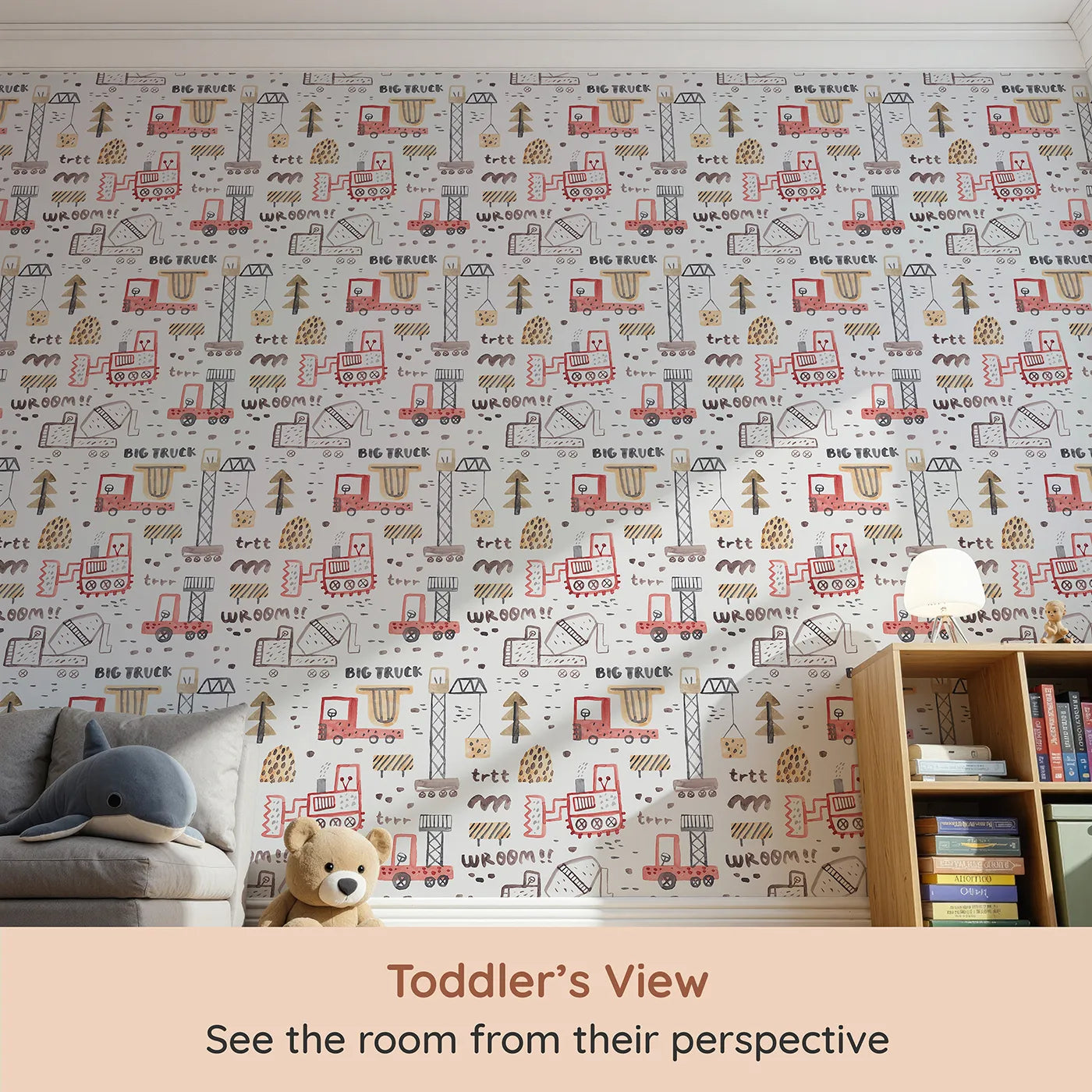 Whimsy Tots Watercolor Big Truck Zone Wallpaper (W2086) from your child's view.Where hand-painted trucks are hard at work building fun.