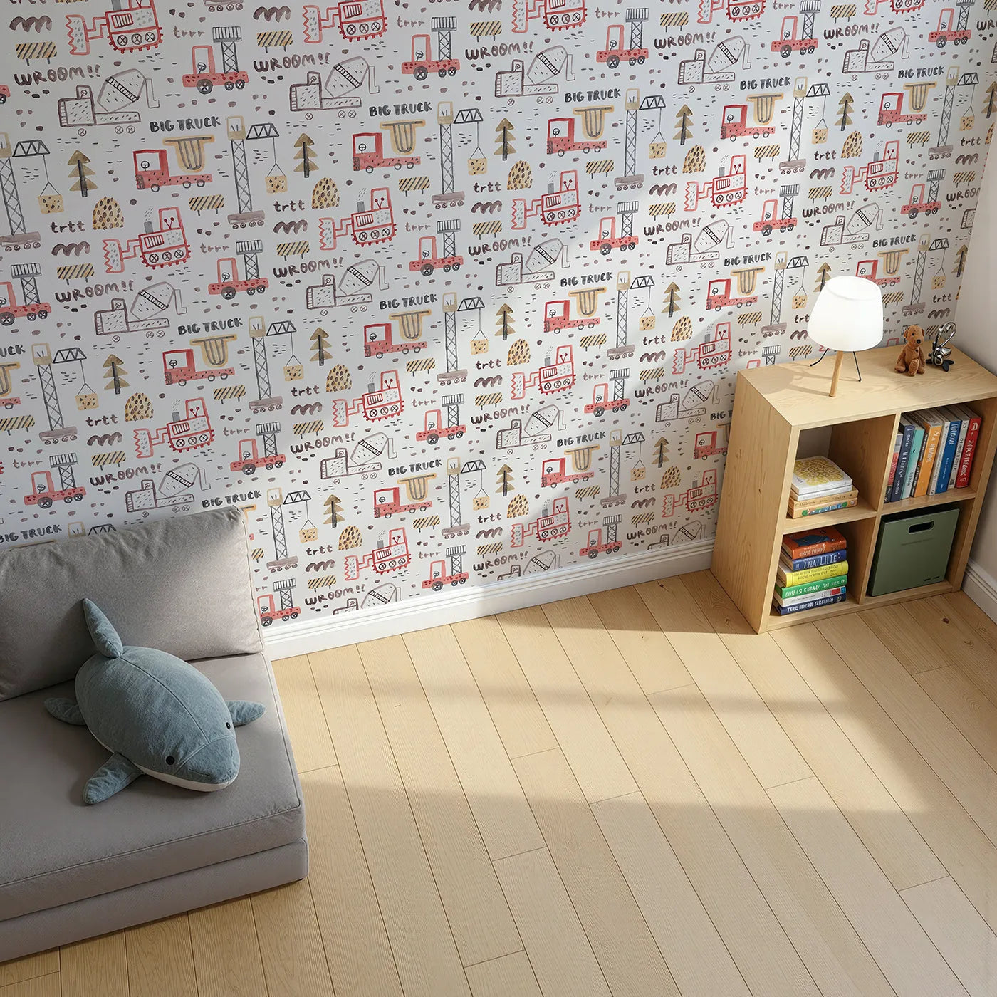 Top-Down view of Whimsy Tots' Watercolor Big Truck Zone Wallpaper (W2086).Where hand-painted trucks are hard at work building fun.