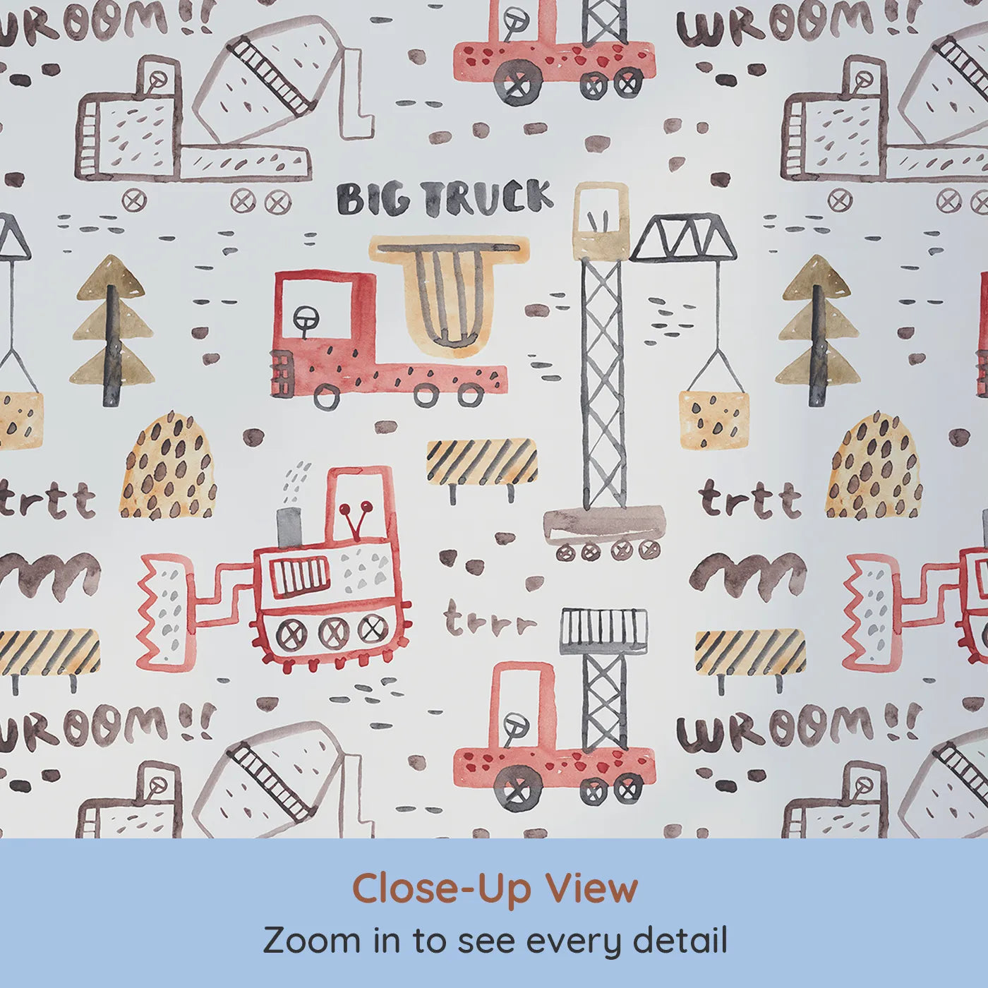 Close-up view of Whimsy Tots' Watercolor Big Truck Zone Wallpaper (W2086).Where hand-painted trucks are hard at work building fun.