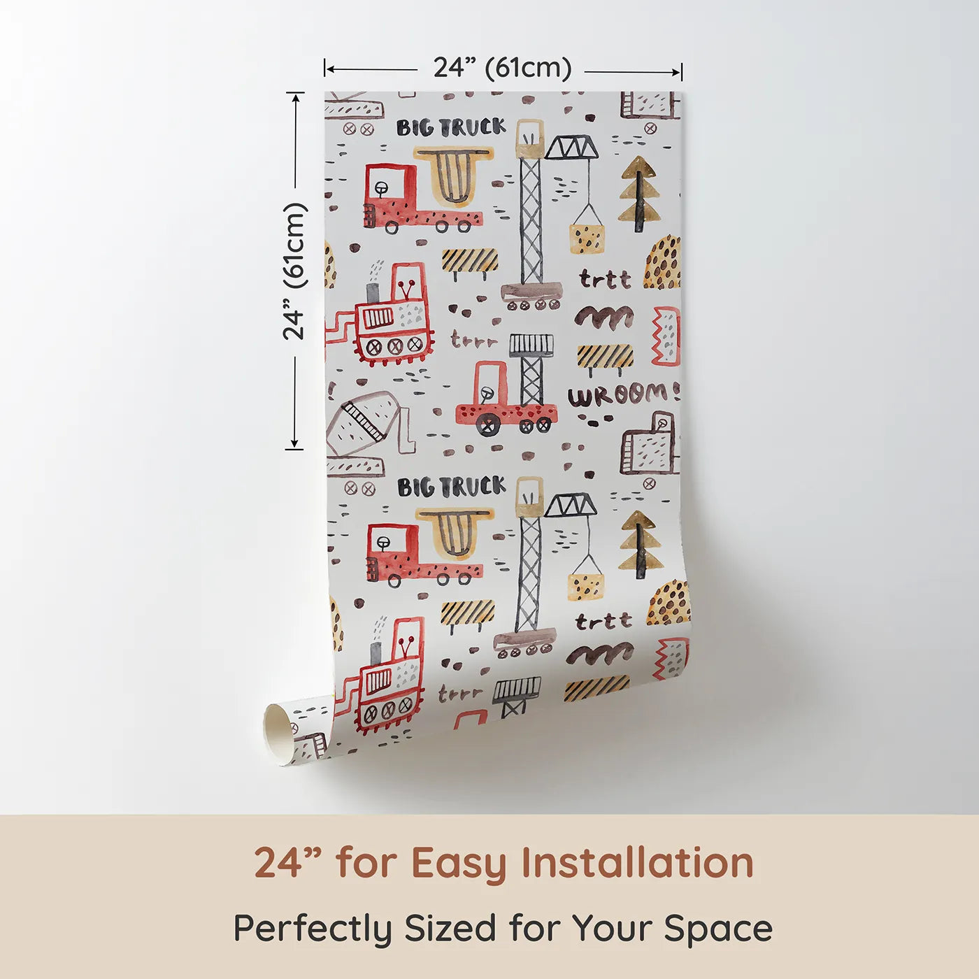 Dimension view of Whimsy Tots Watercolor Big Truck Zone Wallpaper (W2086). Printed in 24-inch-wide panel for easy installation. Where hand-painted trucks are hard at work building fun.