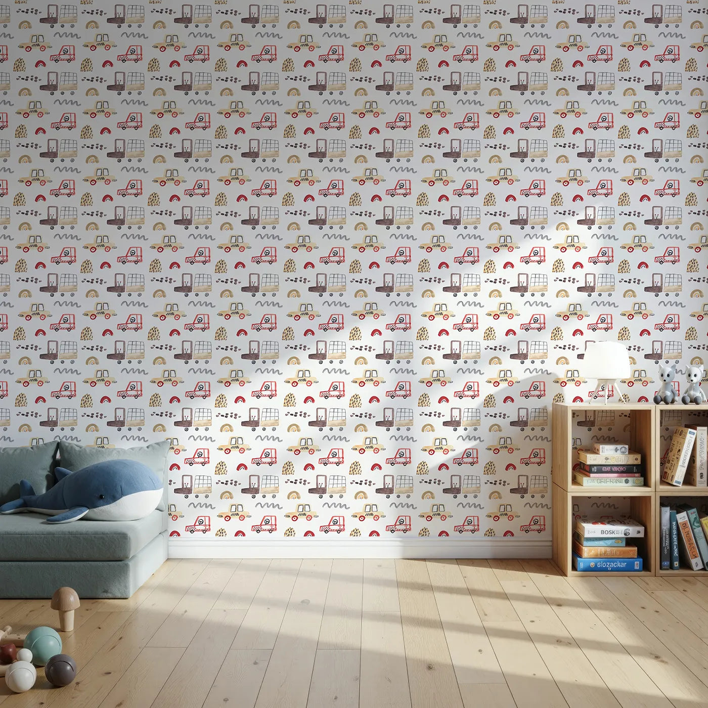 Front view of Whimsy Tots' Watercolor Car Friends Wallpaper in Brown