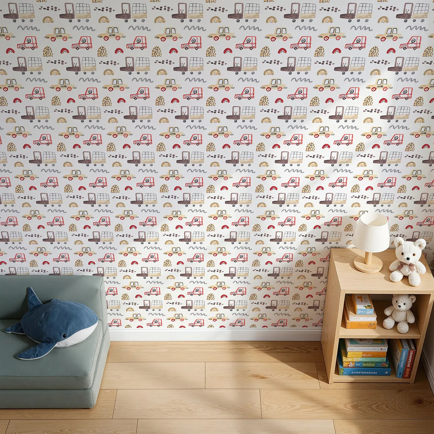 Top-Down view of Whimsy Tots' Watercolor Car Friends Wallpaper in Brown (W2087).Where sweet, hand-painted cars and trucks are on a happy journey.