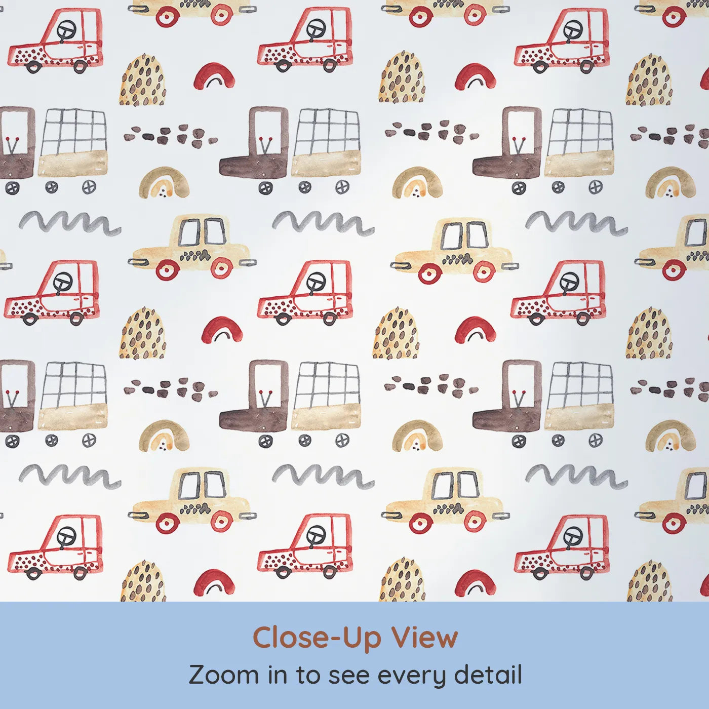 Close-up view of Whimsy Tots' Watercolor Car Friends Wallpaper in Brown (W2087).Where sweet, hand-painted cars and trucks are on a happy journey.