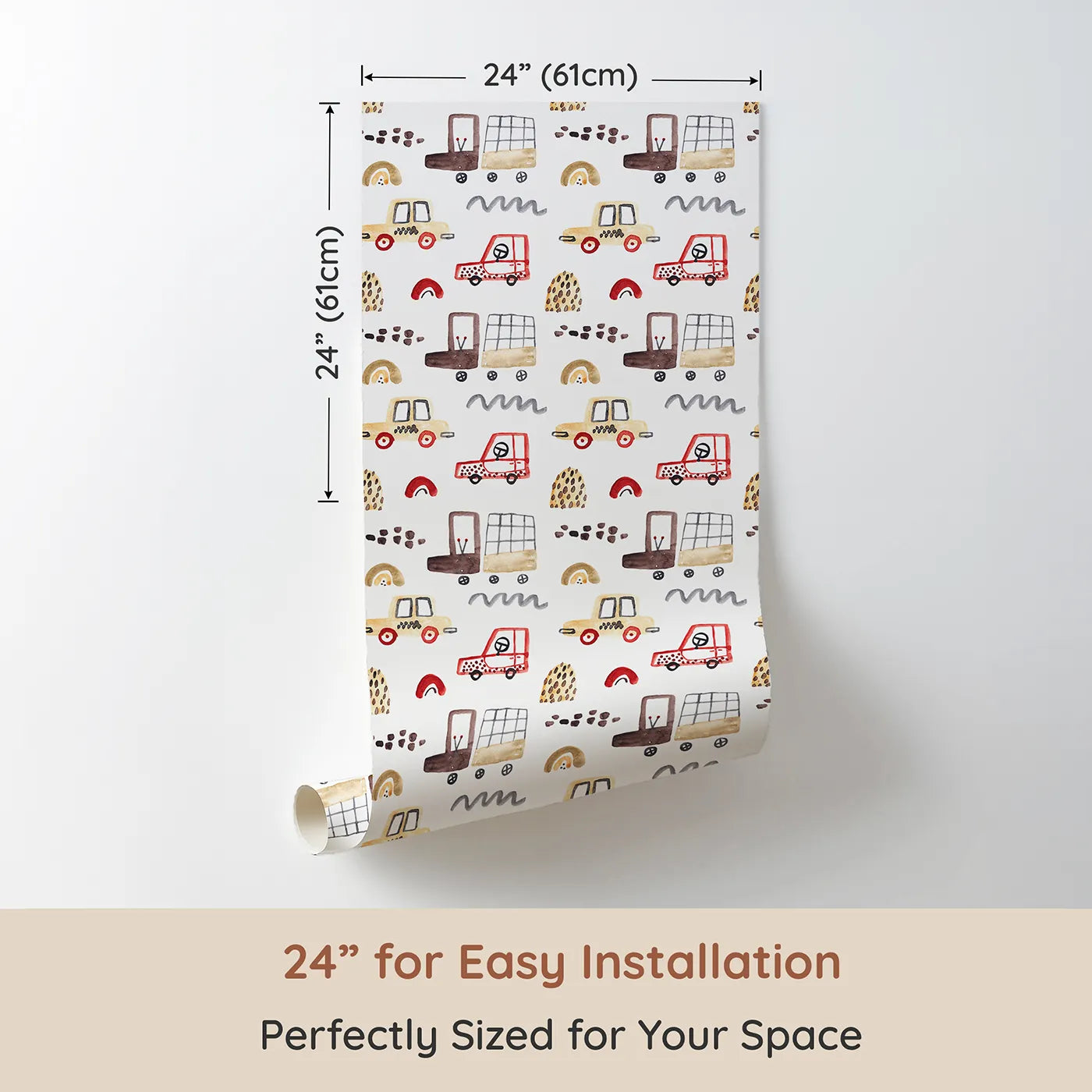Dimension view of Whimsy Tots Watercolor Car Friends Wallpaper in Brown (W2087). Printed in 24-inch-wide panel for easy installation. Where sweet, hand-painted cars and trucks are on a happy journey.