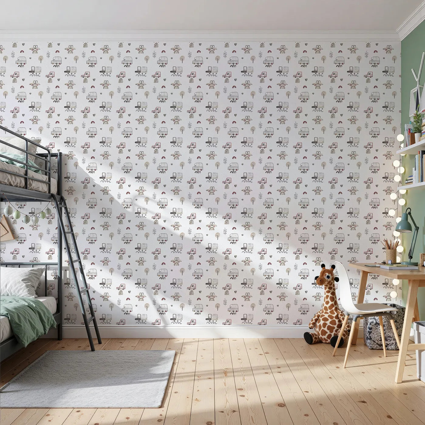 Front view of Whimsy Tots' Neutral Watercolor Cars Wallpaper