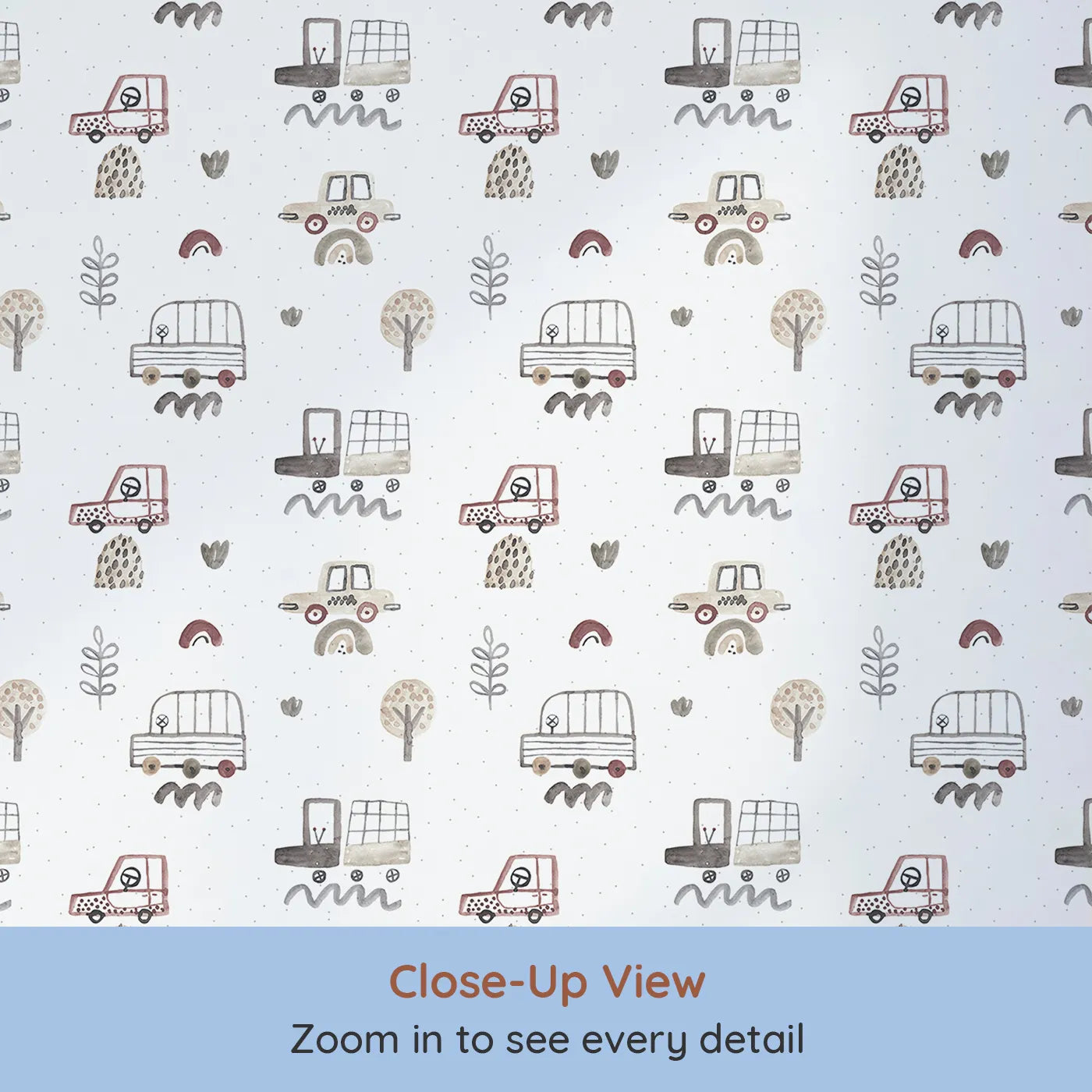 Close-up view of Whimsy Tots' Neutral Watercolor Cars Wallpaper (W2088).Where soft, hand-painted vehicles travel through a quiet landscape.