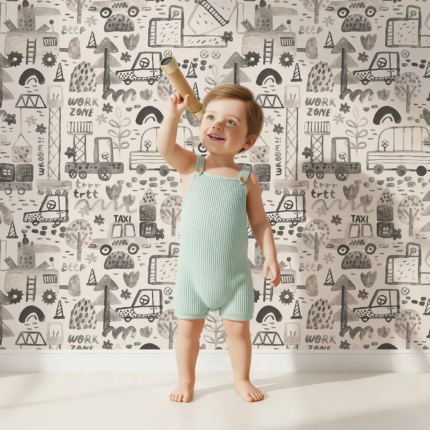 Lovely child standing in front of Whimsy Tots Monochrome Work Zone Watercolor Wallpaper with city, construction, truck, watercolor, monochrome in design.